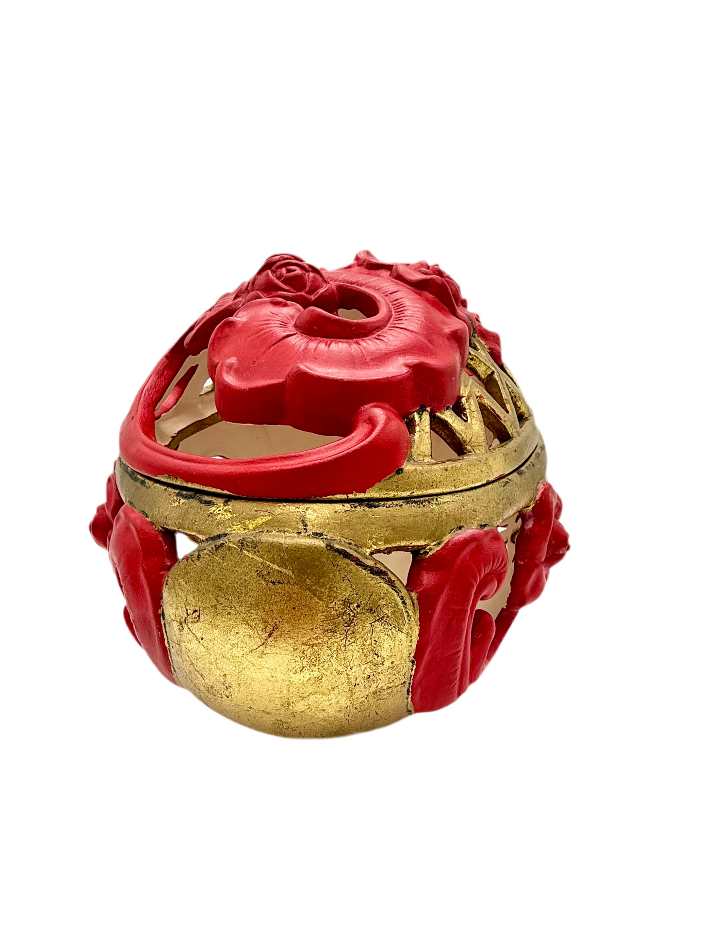 VINTAGE RED AND GOLD CHALKWARE POTPOURRI JAR WITH LID – ITALIAN CAPODIMONTE STYLE FLORAL DESIGN