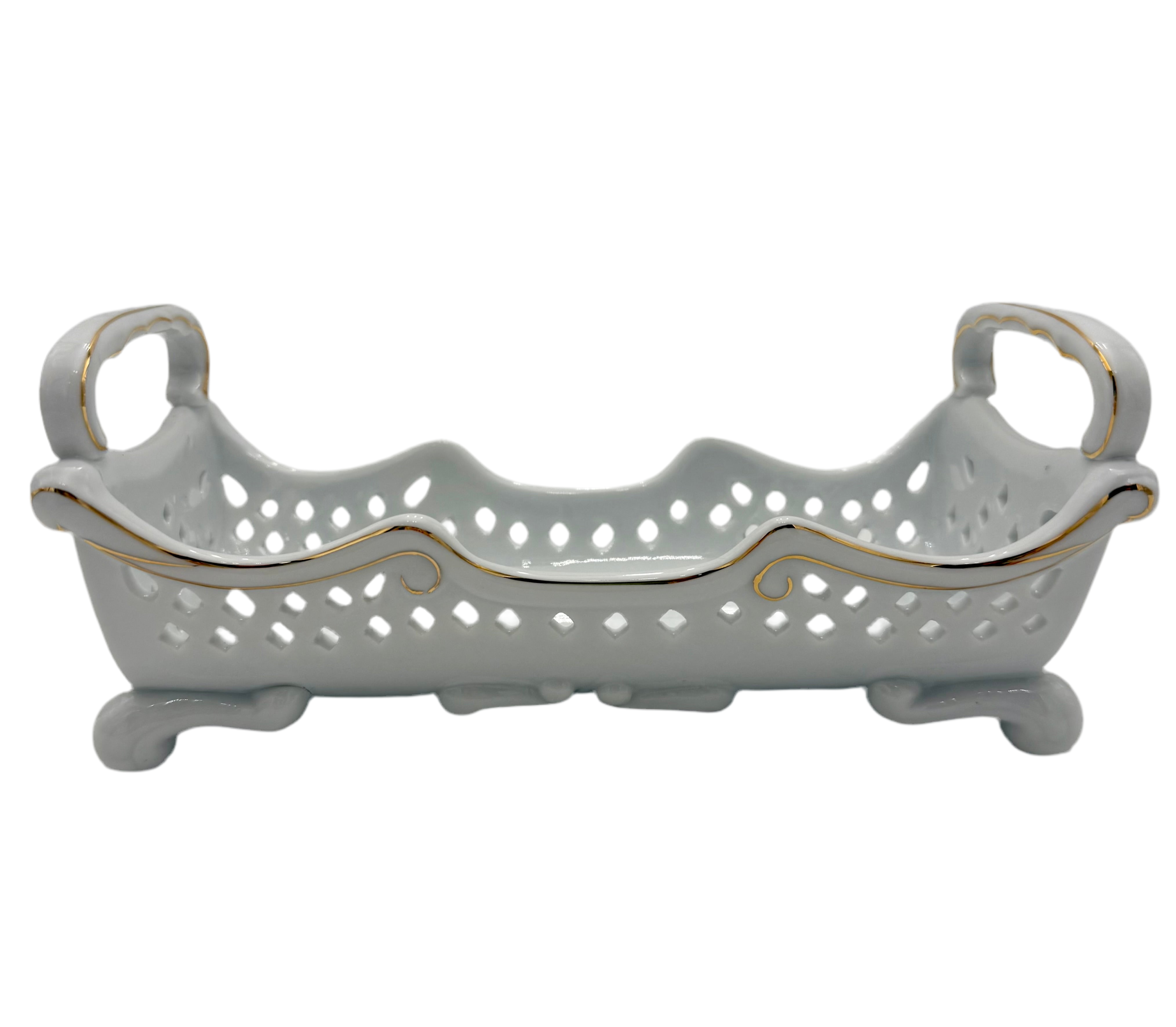 ELEGANT RETICULATED PORCELAIN CENTERPIECE BASKET WITH GOLD TRIM BY B&L PORCELAIN TREASURES