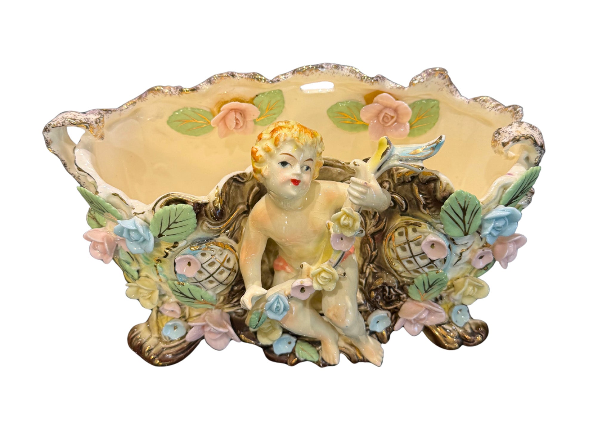 VINTAGE UCAGCO JAPAN CHERUB PORCELAIN CONSOLE BOWL CENTERPIECE WITH APPLIED ROSES HOLLYWOOD REGENCY ROCOCO DECOR