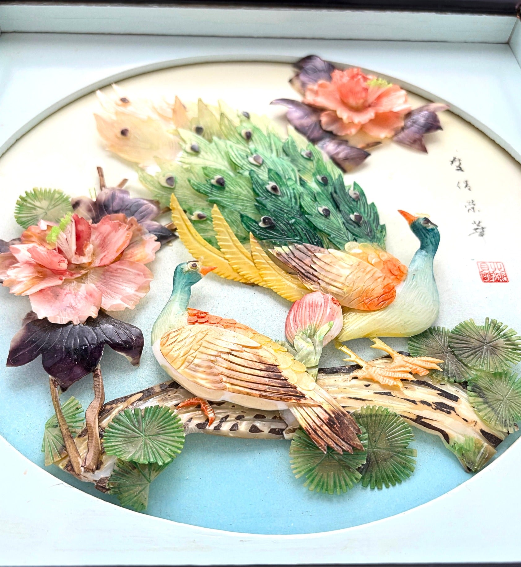 VINTAGE CHINESE CARVED SHELL PEACOCK SHADOW BOX WALL ART