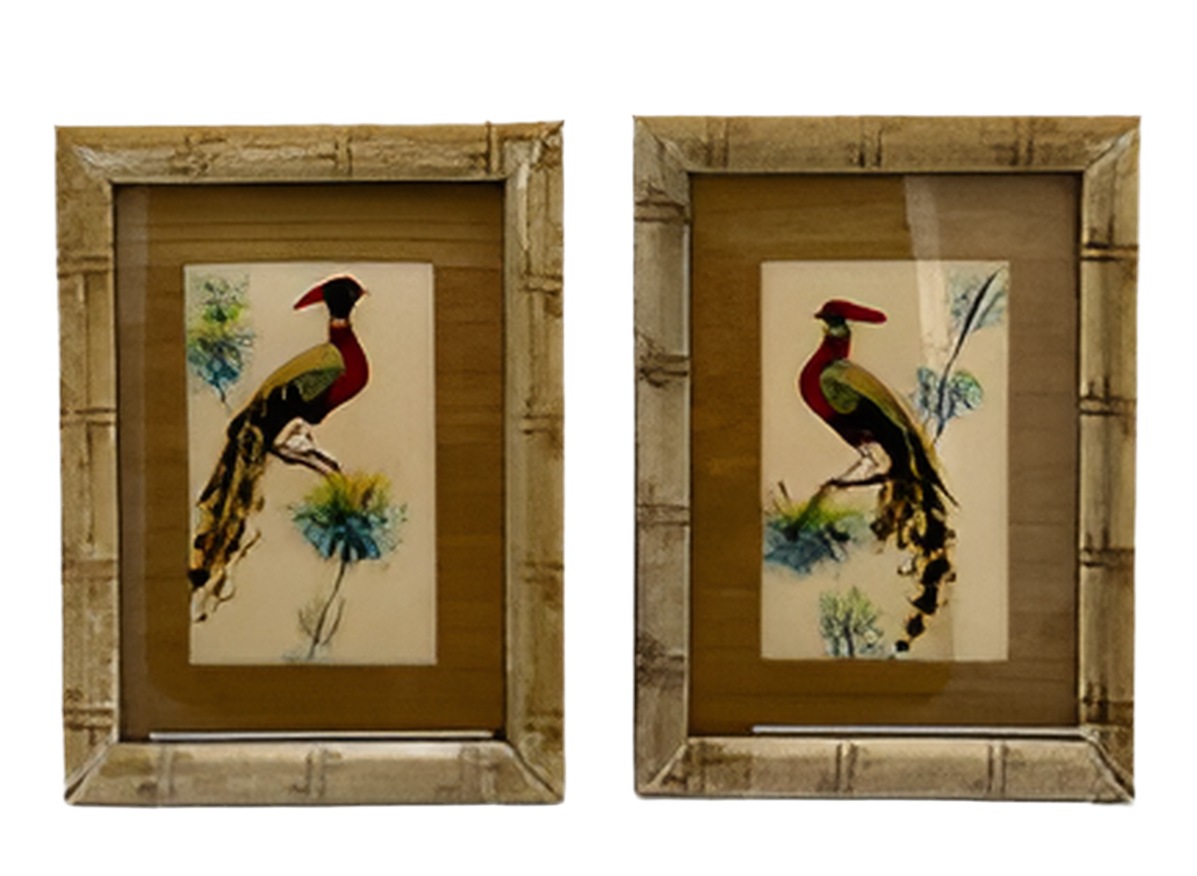 PAIR OF MID-CENTURY MEXICAN FEATHER BIRD ART IN BAMBOO FRAMES | 1950S HANDCRAFTED TROPICAL WALL DECOR | VIBRANT EXOTIC VINTAGE HOME ACCENT