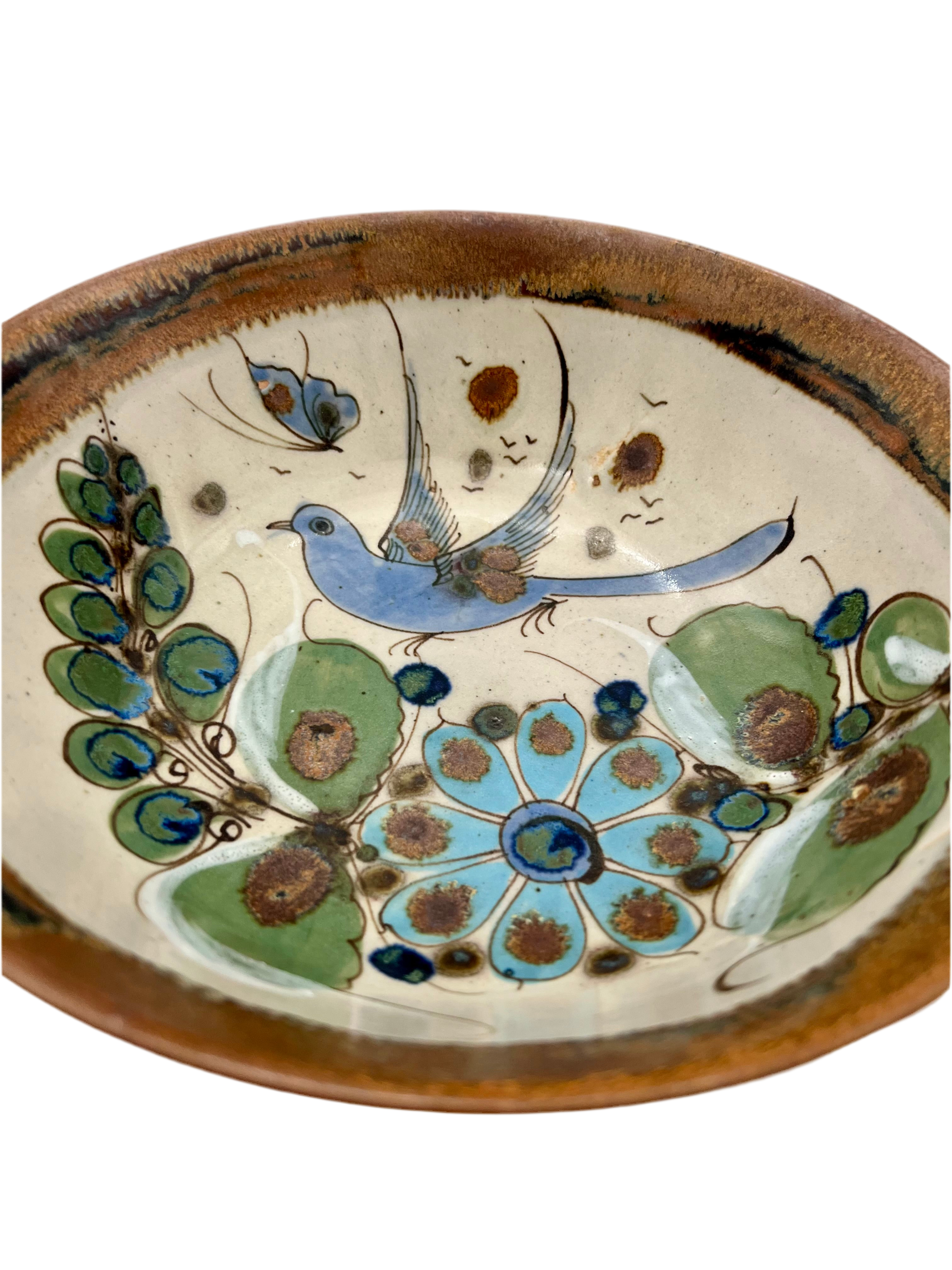 VINTAGE SIGNED MID CENTURY STUDIO POTTERY BOWL WITH BIRD & FLORAL MOTIF – 9”