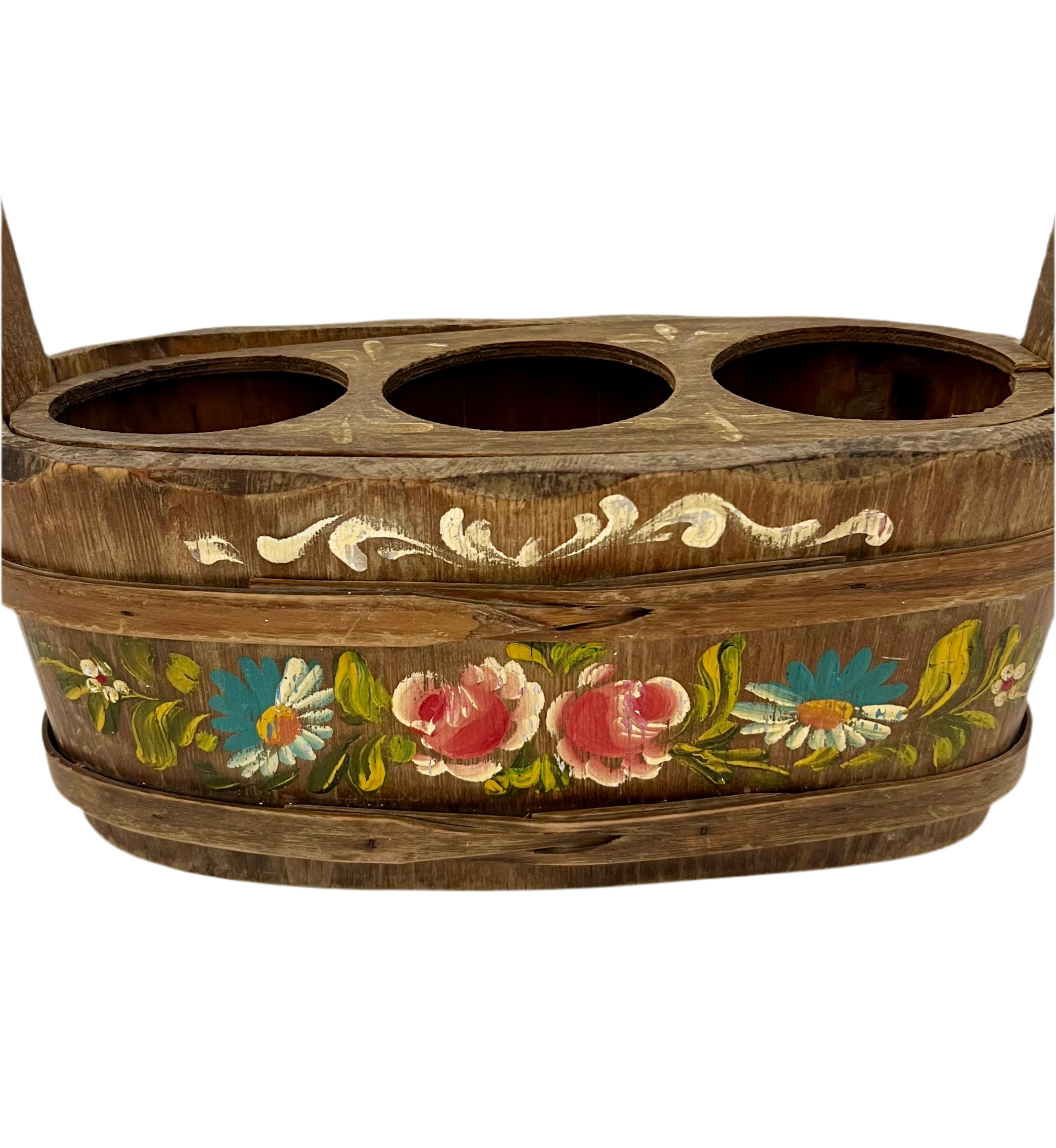 Vintage Hand-Painted Scandinavian Wooden Caddy and Wine Carrier (1950s–1960s)