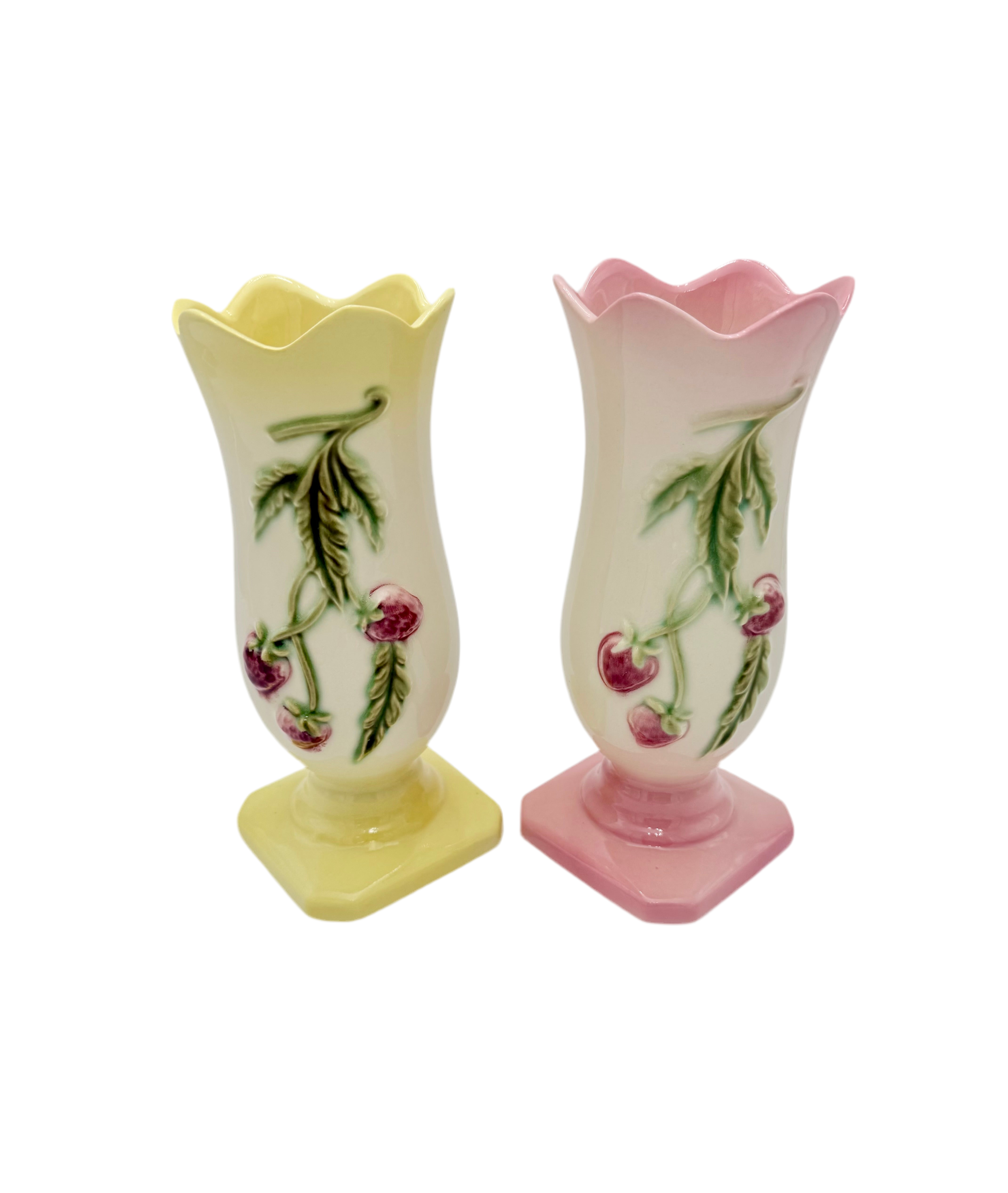 VINTAGE HULL POTTERY VASE PAIR #45 – PINK & YELLOW CHERRY BLOSSOM DESIGN – 1940s AMERICAN ART POTTERY – COTTAGECORE PASTEL DECOR