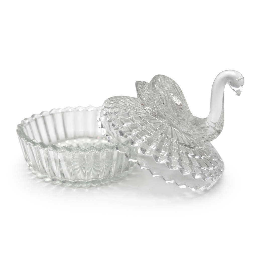 VINTAGE CLEAR GLASS SWAN LIDDED TRINKET DISH – 1970S PRESSED GLASS VANITY BOX – HOLLYWOOD REGENCY DECOR