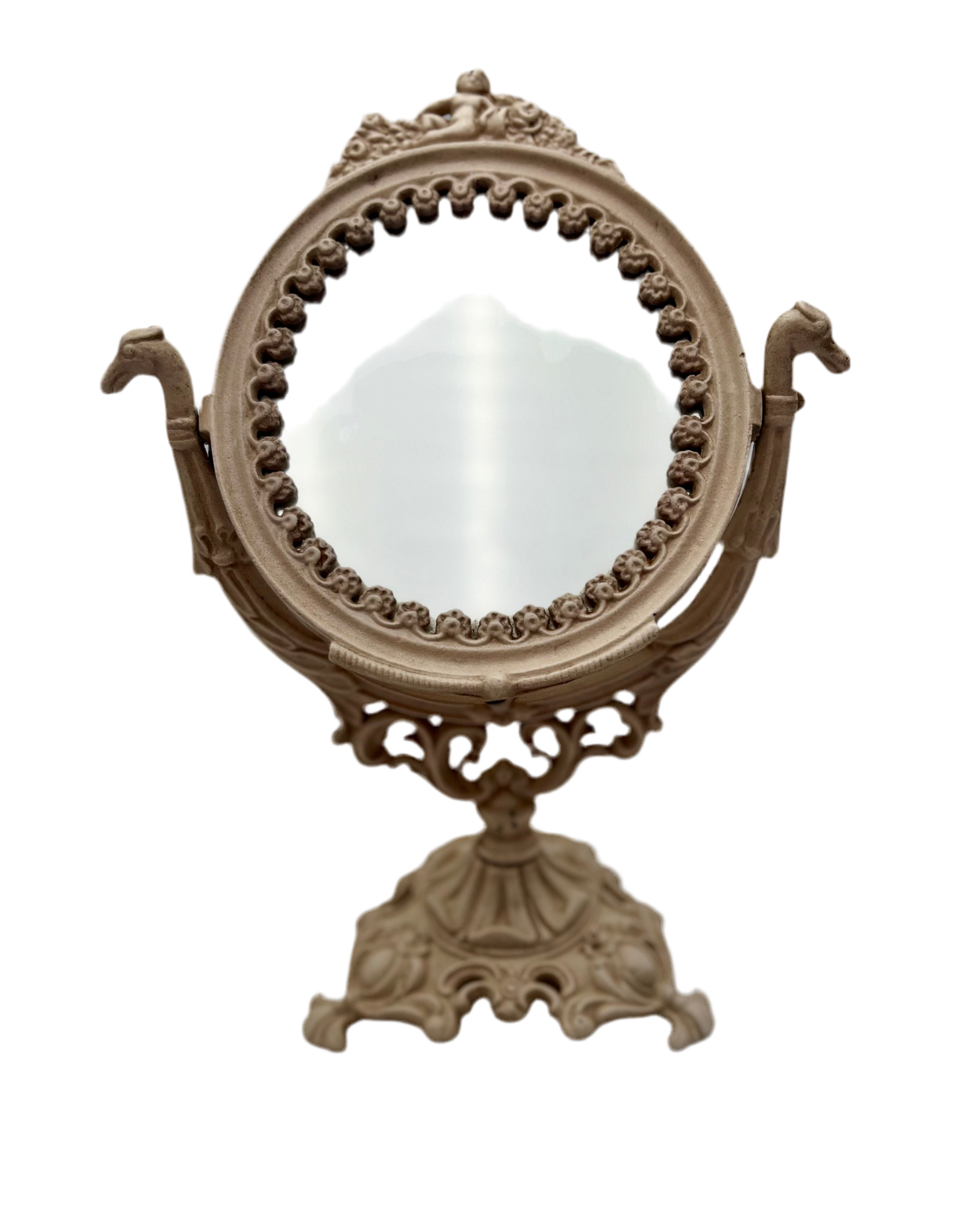 ANTIQUE VANITY TABLE MIRROR WITH DOG HEAD HANDLES & PUTTO CHERUB – ORNATE CAST IRON – 14 ¾ INCH – CIRCA EARLY 1900s