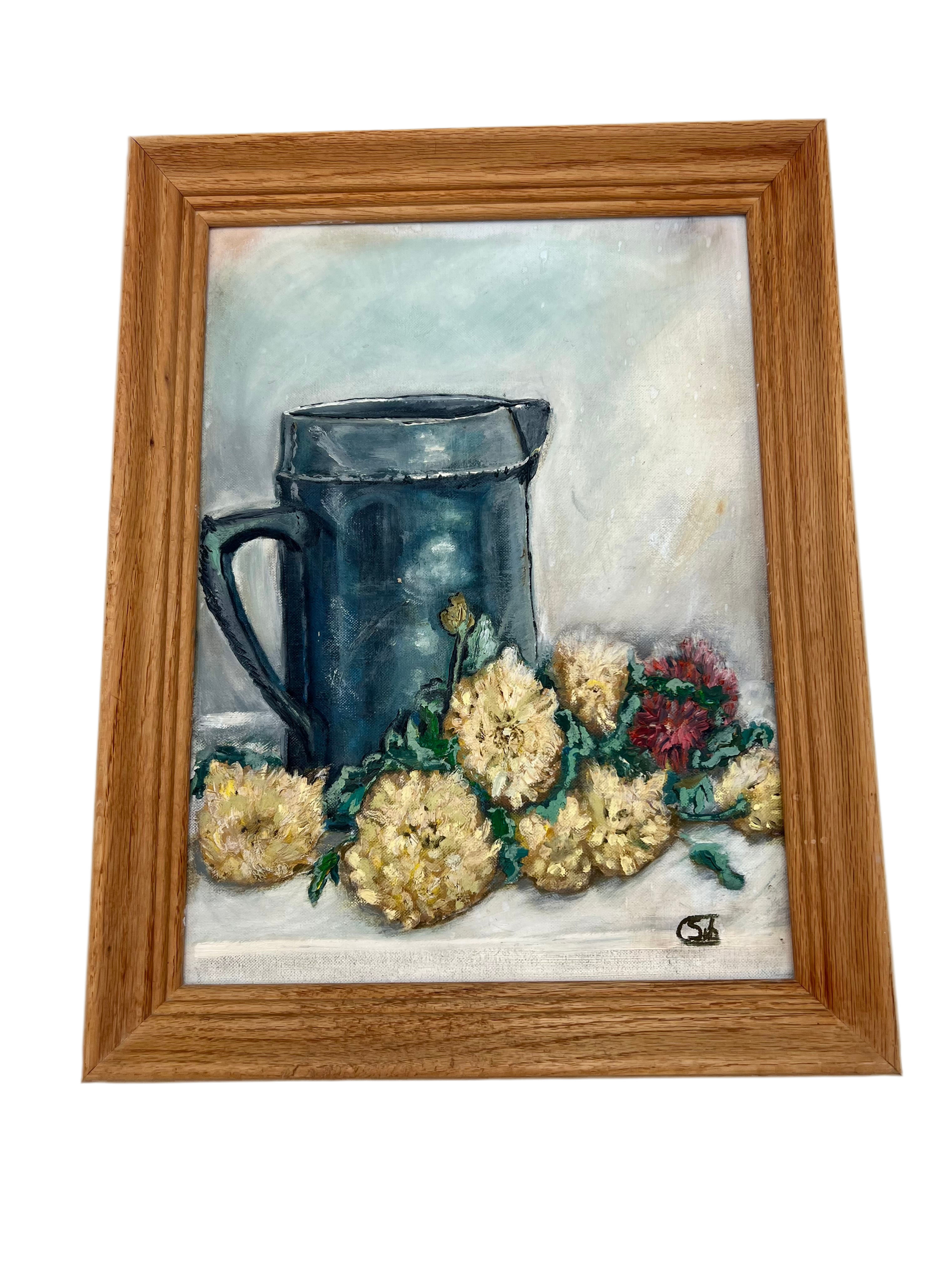 ORIGINAL 1965 STILL LIFE OIL PAINTING BY SYBIL COVINGTON | BLUE JUG & FLORALS | FRAMED MID CENTURY ART