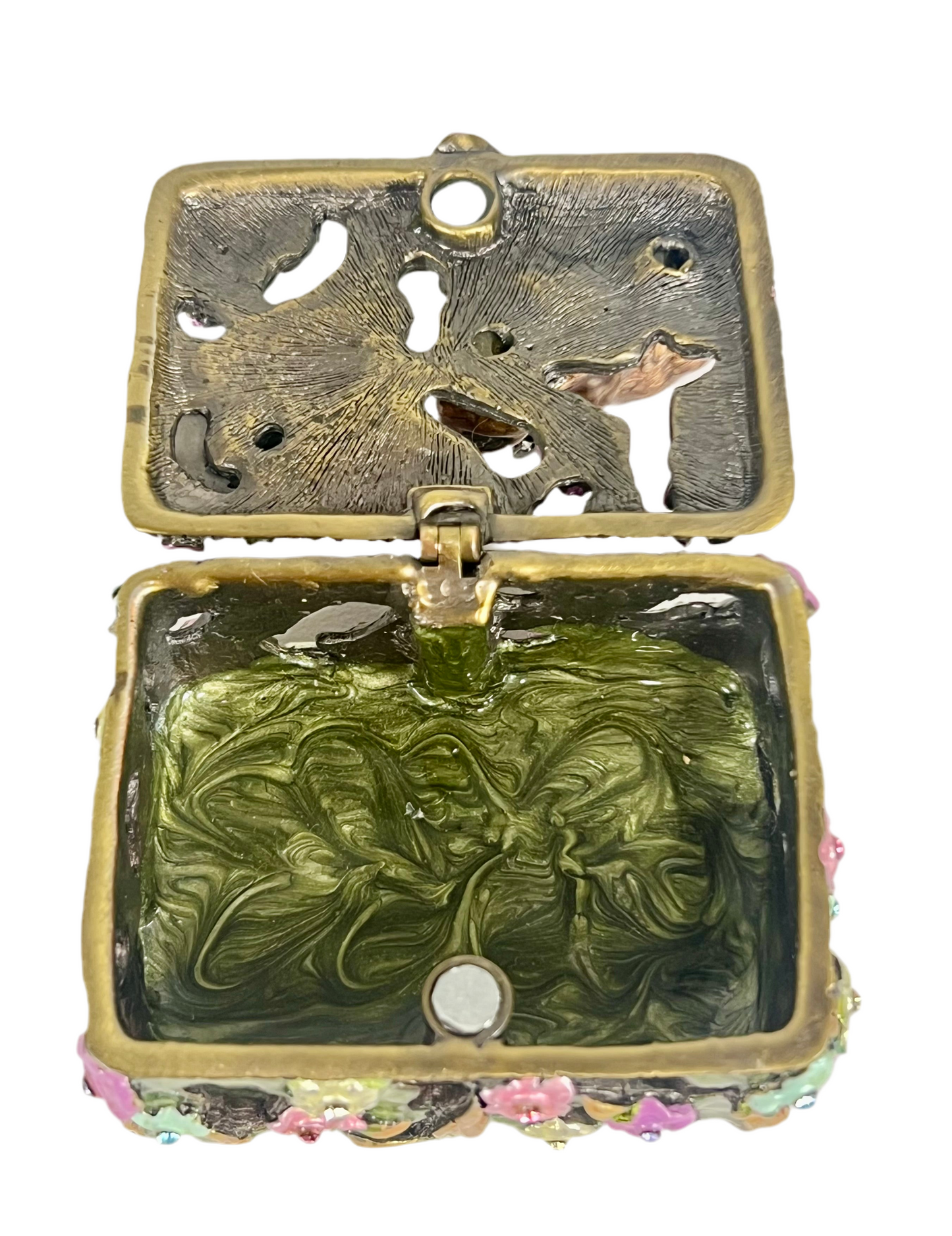VINTAGE GARDEN CUT OUT TRINKET/JEWELRY BOX WITH A RABBIT AND DRAGONFLY WITH CRYSTAL DETAILS
