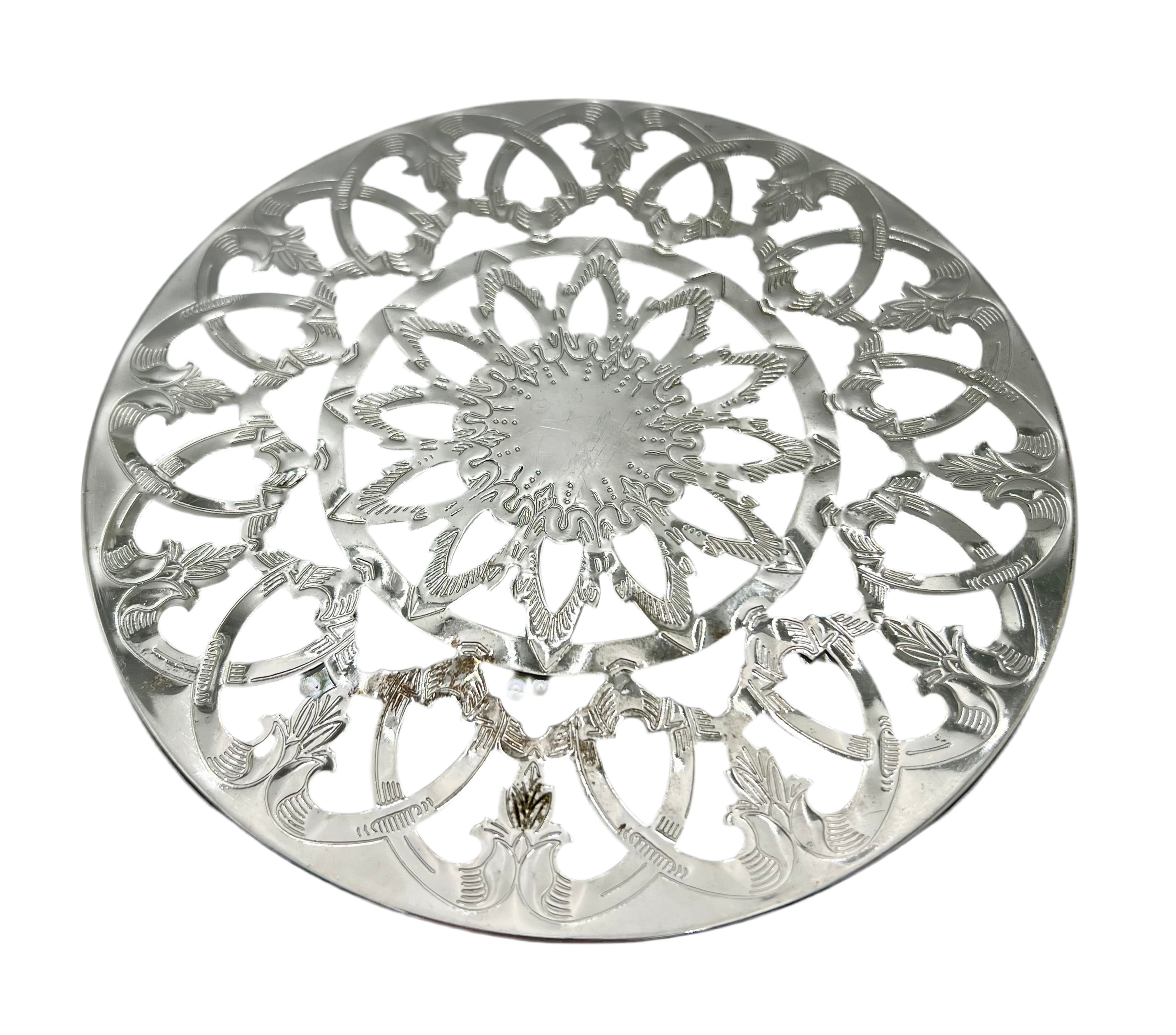 VINTAGE GLASS-BACKED SILVER-PLATE TRIVET — PIERCED FLORAL DESIGN, LIKELY SPANISH, MID-CENTURY