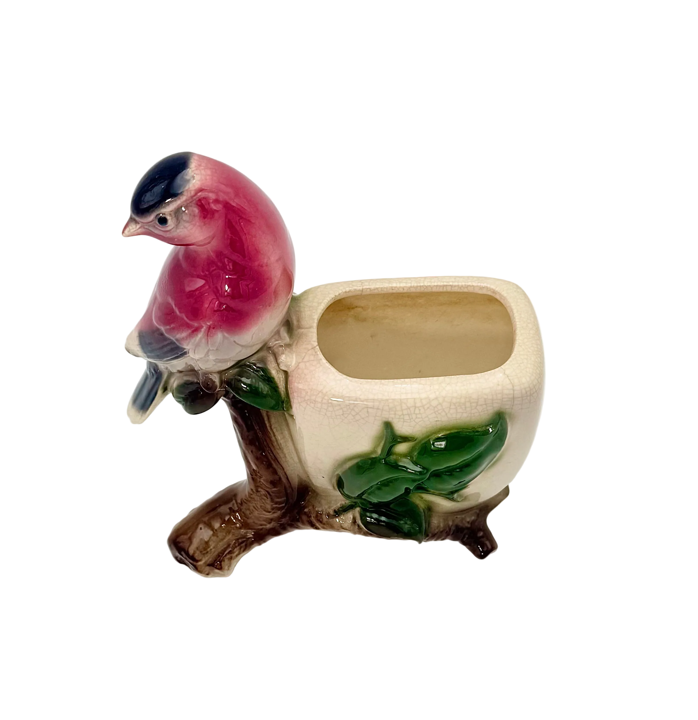 VINTAGE PINK SONGBIRD CERAMIC PLANTER ON BRANCH, MID-CENTURY JAPANESE CRACKLE GLAZE BIRD VASE, COTTAGE GARDEN DECOR