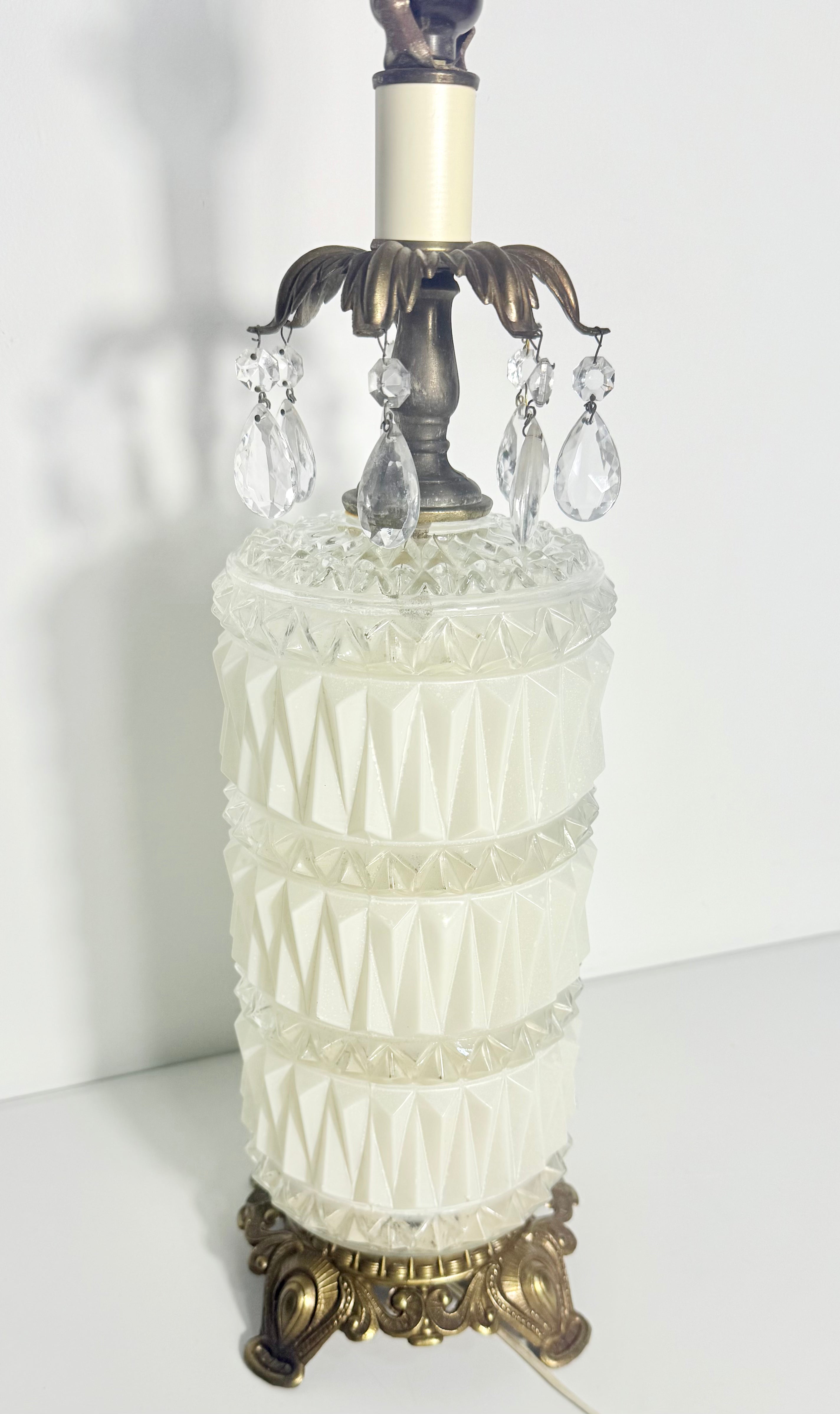 VINTAGE HOLLYWOOD REGENCY MILK GLASS TABLE LAMP – 31.5” – DIAMOND CUT GLOWING BASE – CRYSTAL PRISMS – MID CENTURY GLAM