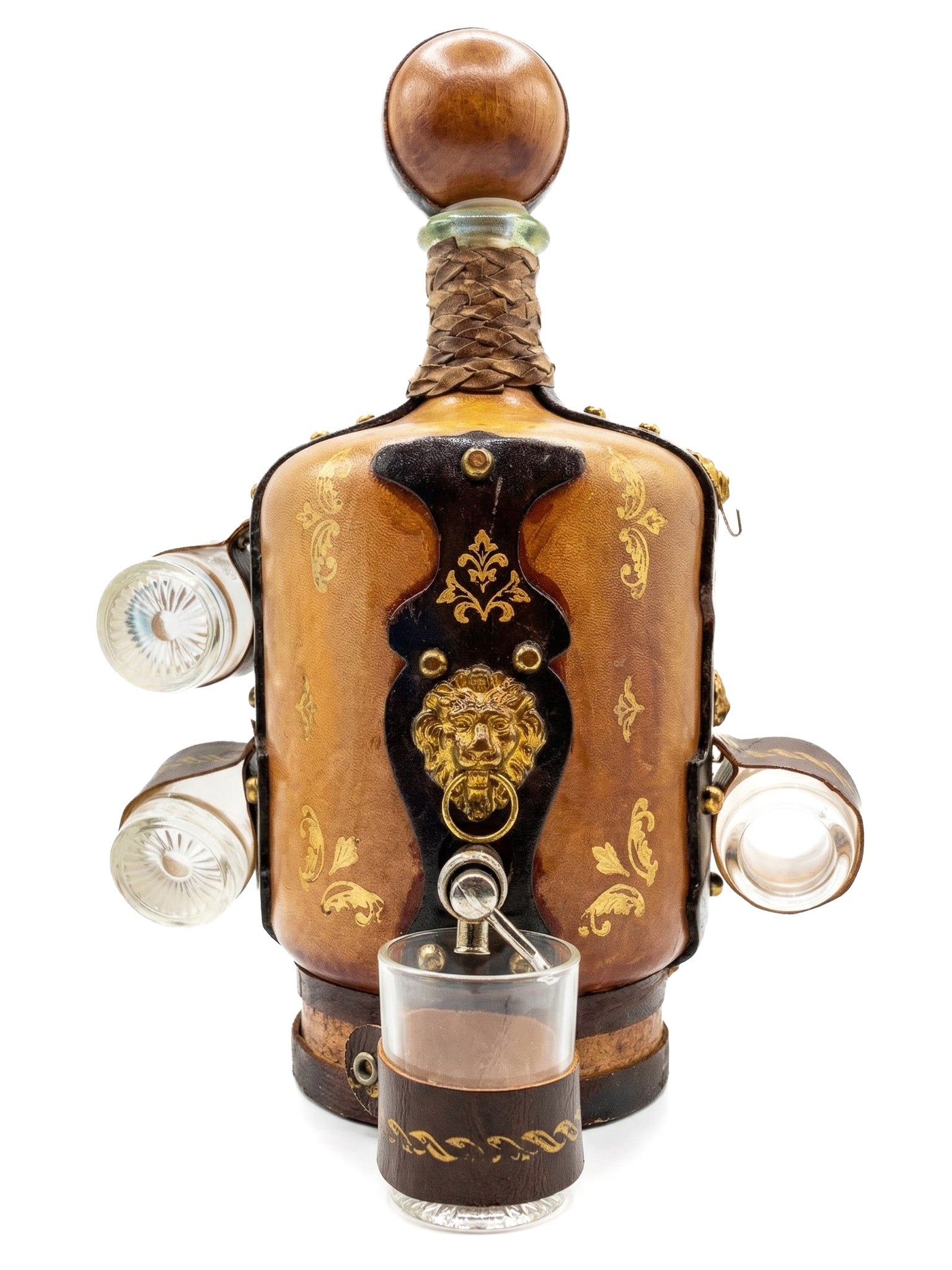 VINTAGE ITALIAN LEATHER-WRAPPED DECANTER SET WITH LION SPIGOT