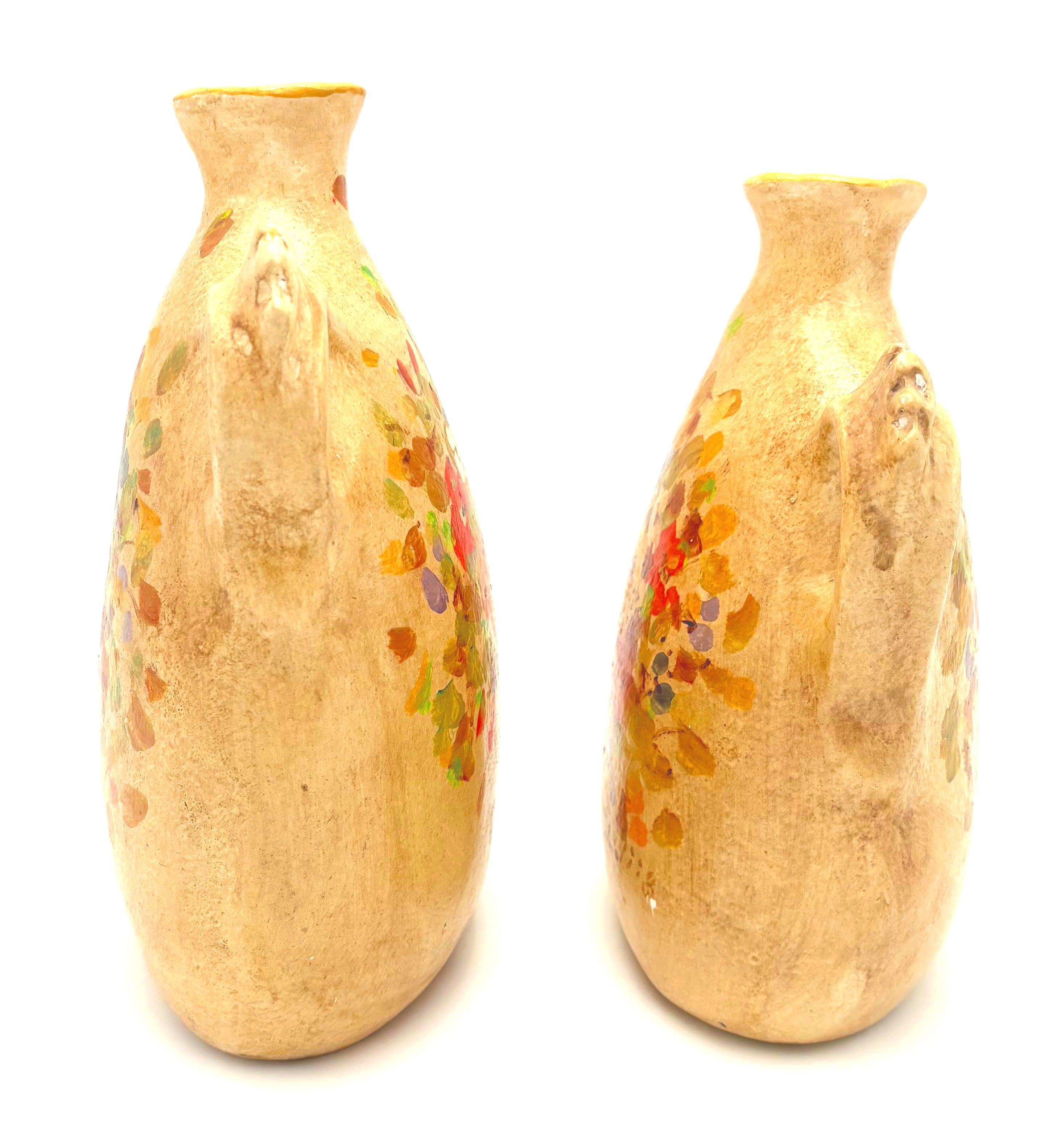 VINTAGE 1998 SIGNED HAND PAINTED FLORAL AMPHORA VESSEL PAIR