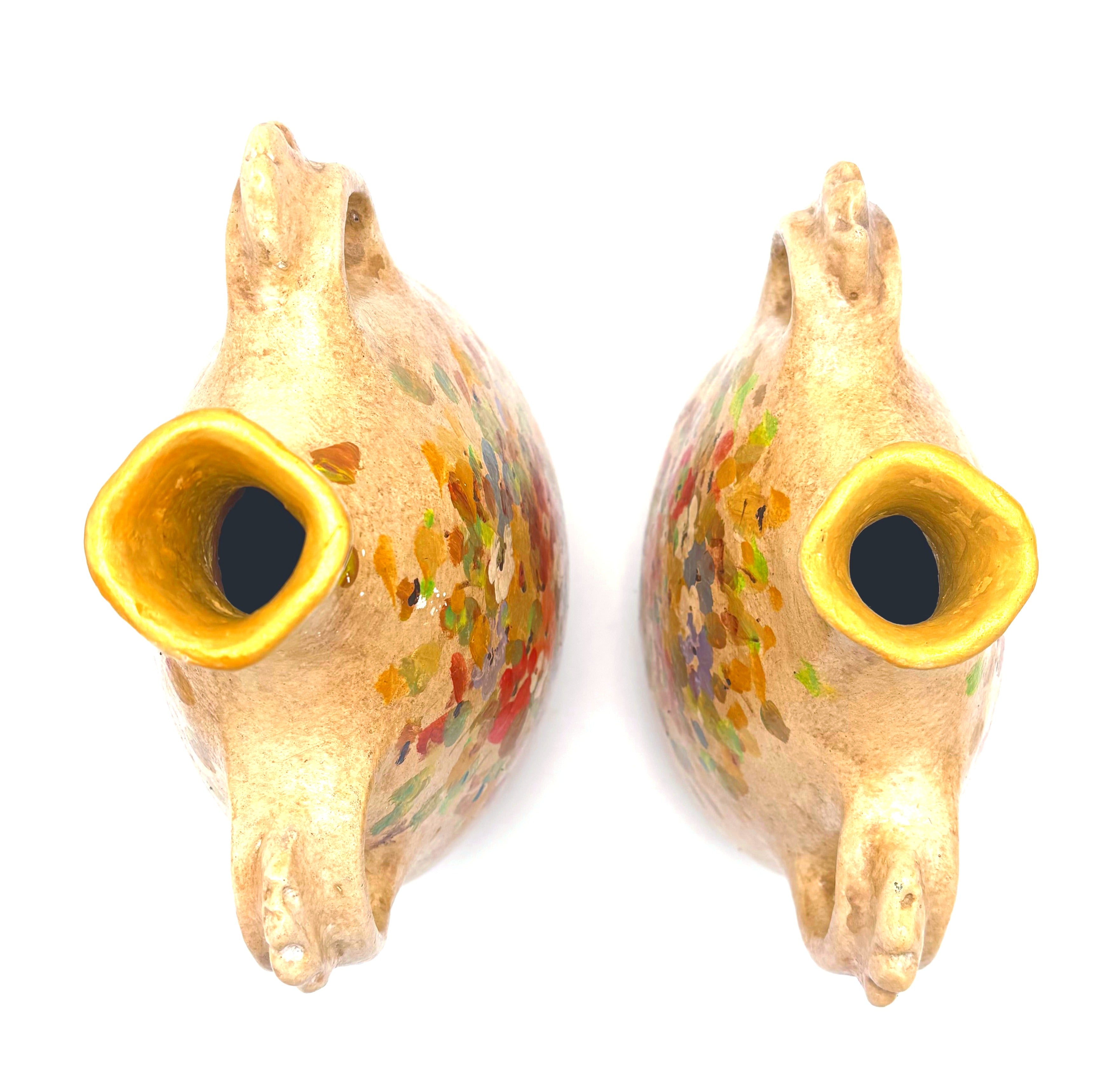 VINTAGE 1998 SIGNED HAND PAINTED FLORAL AMPHORA VESSEL PAIR