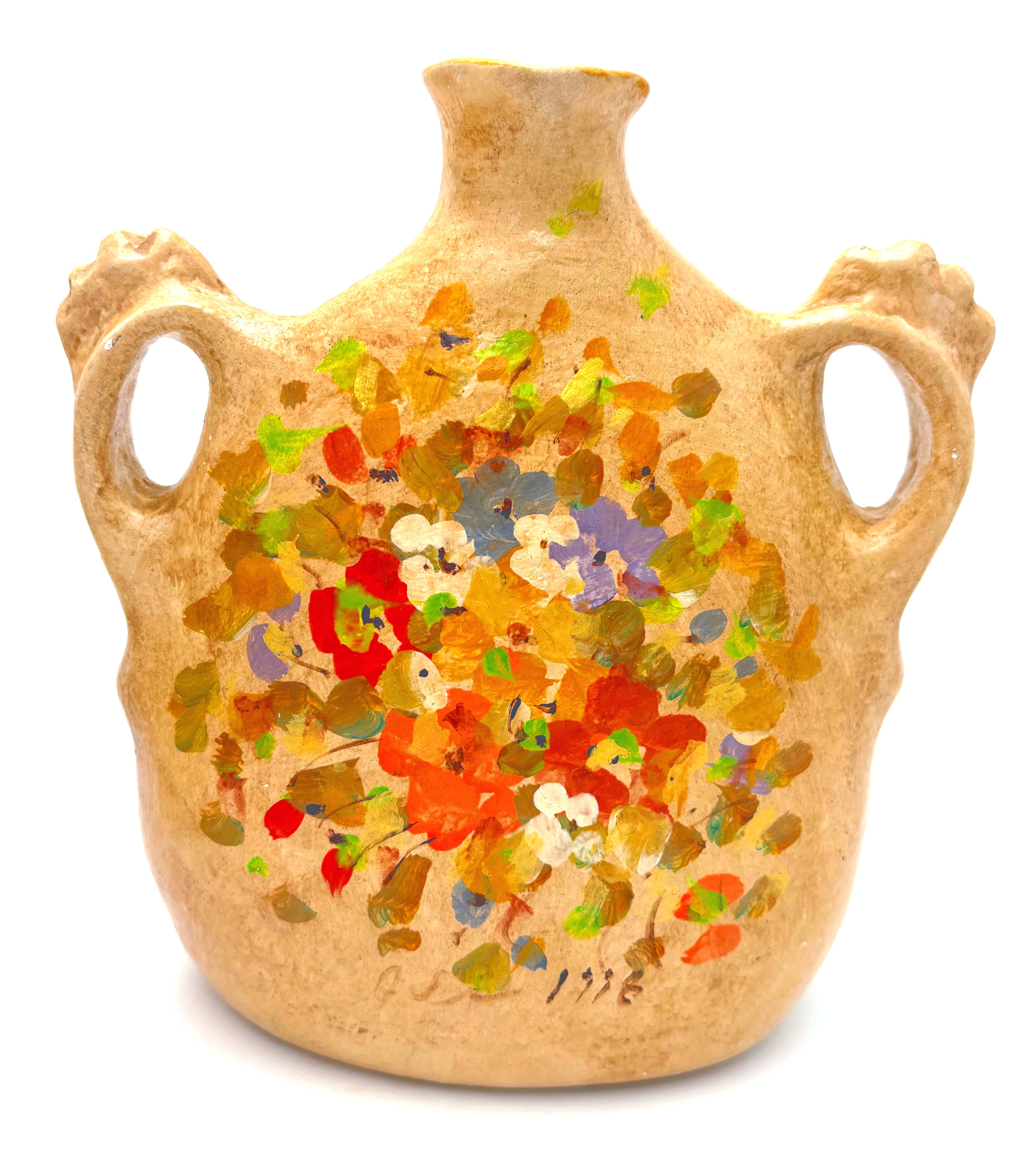 VINTAGE 1998 SIGNED HAND PAINTED FLORAL AMPHORA VESSEL PAIR