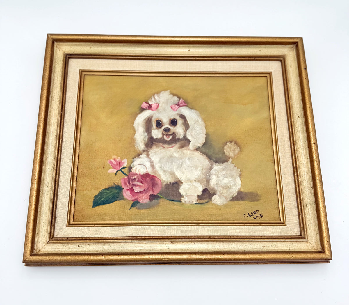 Vintage Poodle Painting, Signed Original Dog Portrait, Pink Bow Poodle Art, Gilt Framed Wall Art, Hollywood Regency Decor