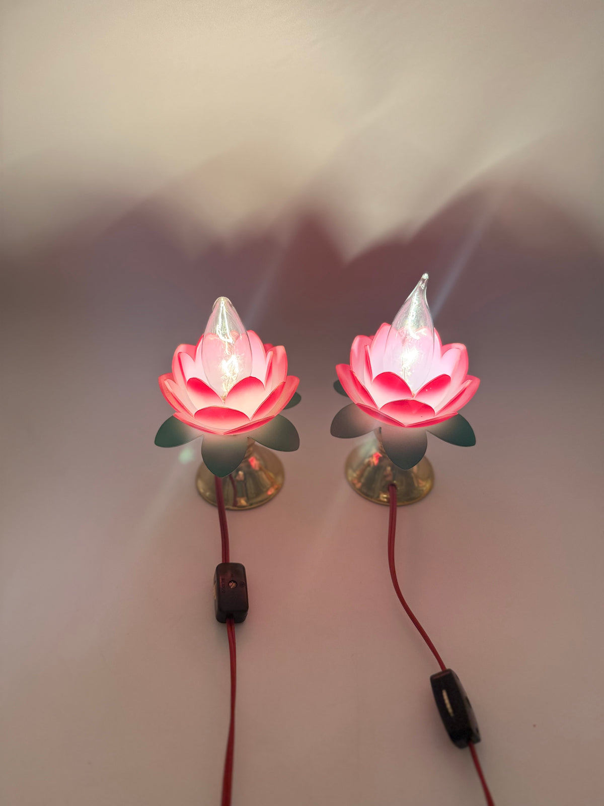 Vintage Pink Lotus Flower Boudoir Lamps Pair | Mid-Century Lucite Style Floral Accent Lights