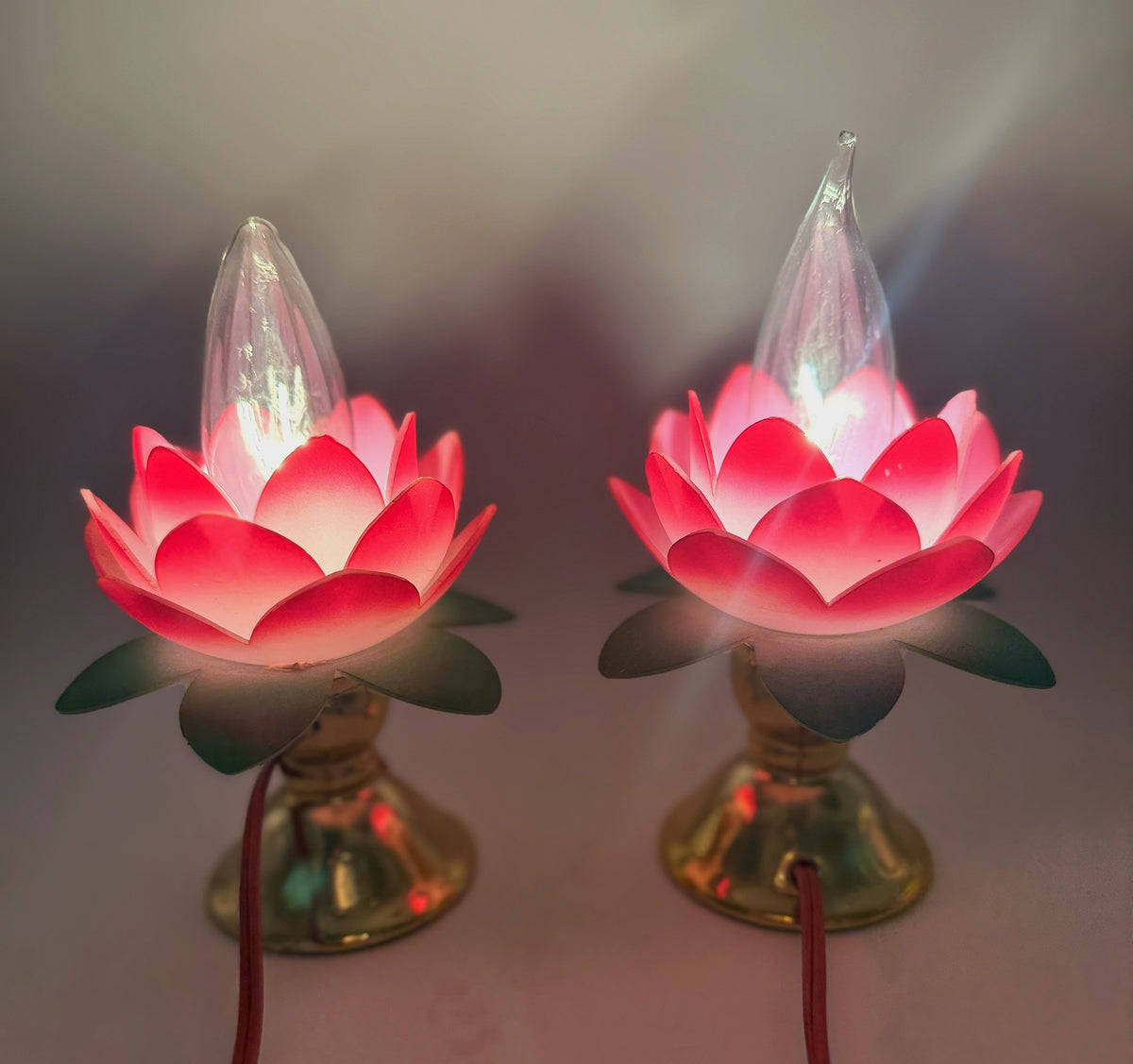 Vintage Pink Lotus Flower Boudoir Lamps Pair | Mid-Century Lucite Style Floral Accent Lights