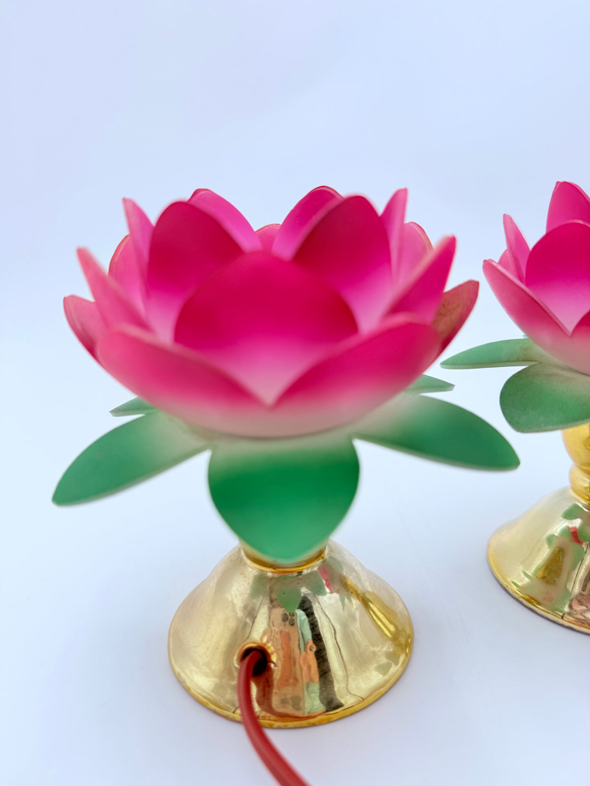 Vintage Pink Lotus Flower Boudoir Lamps Pair | Mid-Century Lucite Style Floral Accent Lights