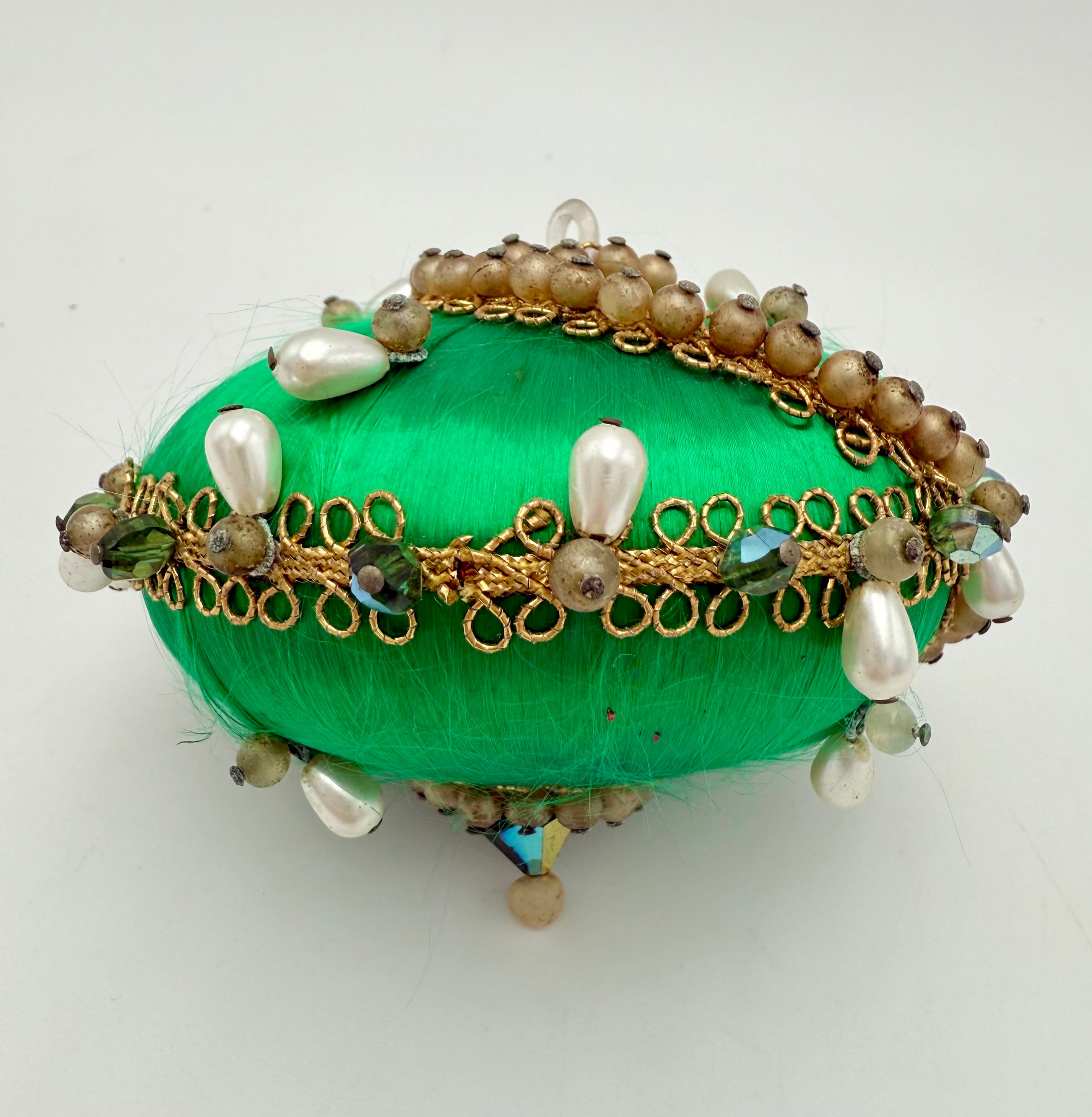 VINTAGE HANDMADE GREEN SATIN BEADED CHRISTMAS ORNAMENT