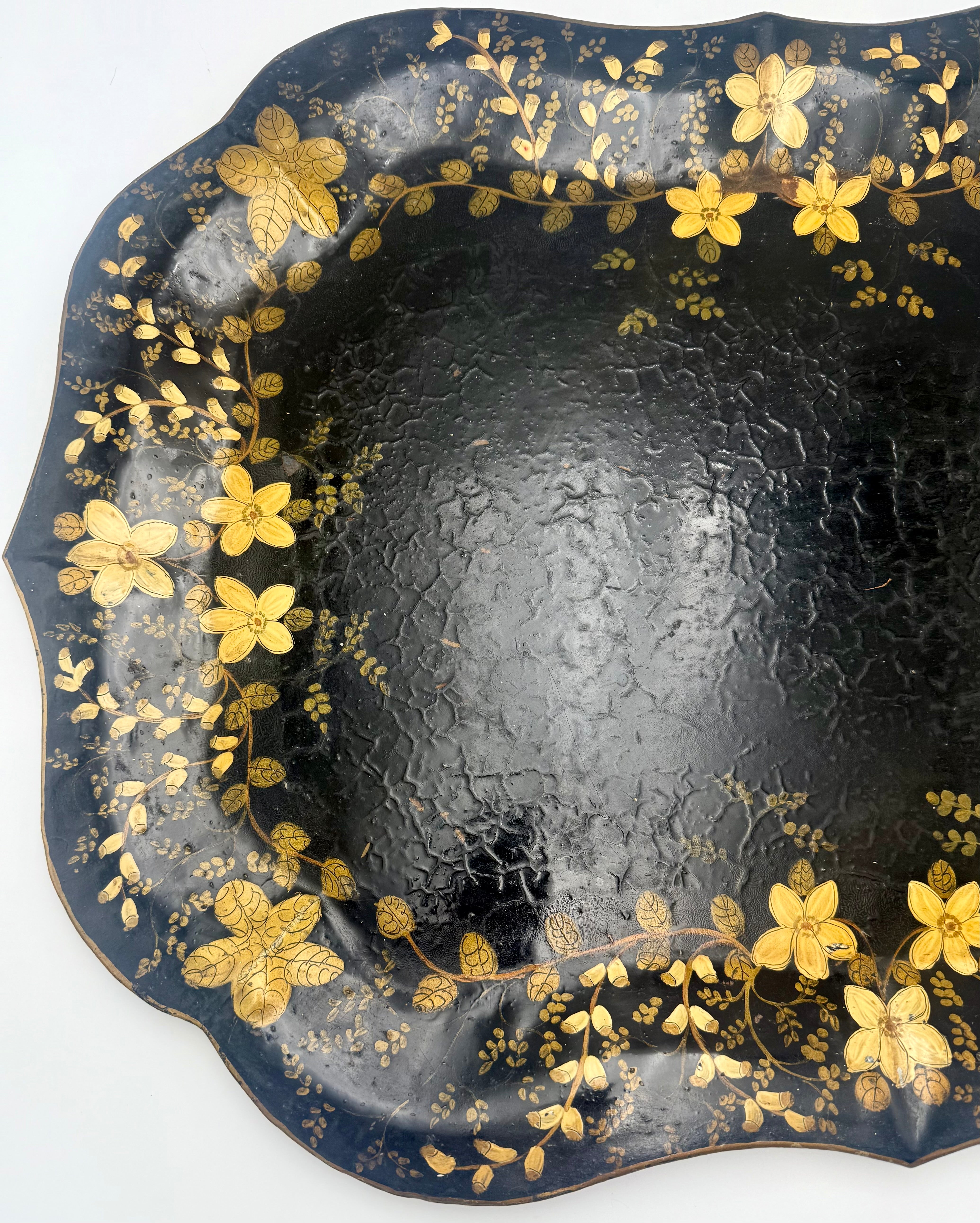 LARGE 19TH C TOLEWARE TRAY — HAND PAINTED BLACK & GOLD FLORAL METAL SERVING TRAY, ANTIQUE WALL ART, VICTORIAN DECOR