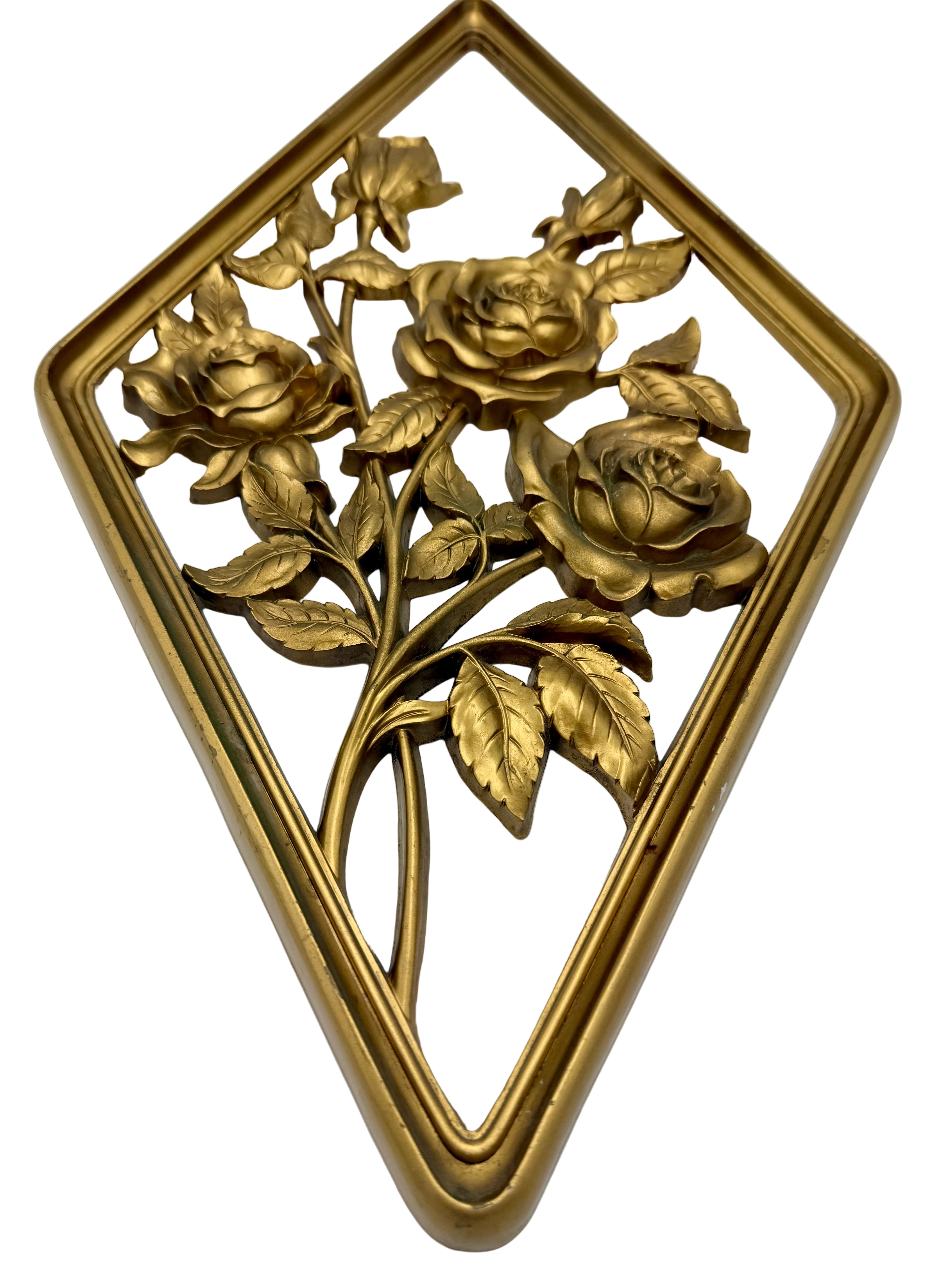 VINTAGE SYROCO GOLD ROSE WALL PLAQUE • 1960S HOLLYWOOD REGENCY FLORAL DECOR • MADE IN USA