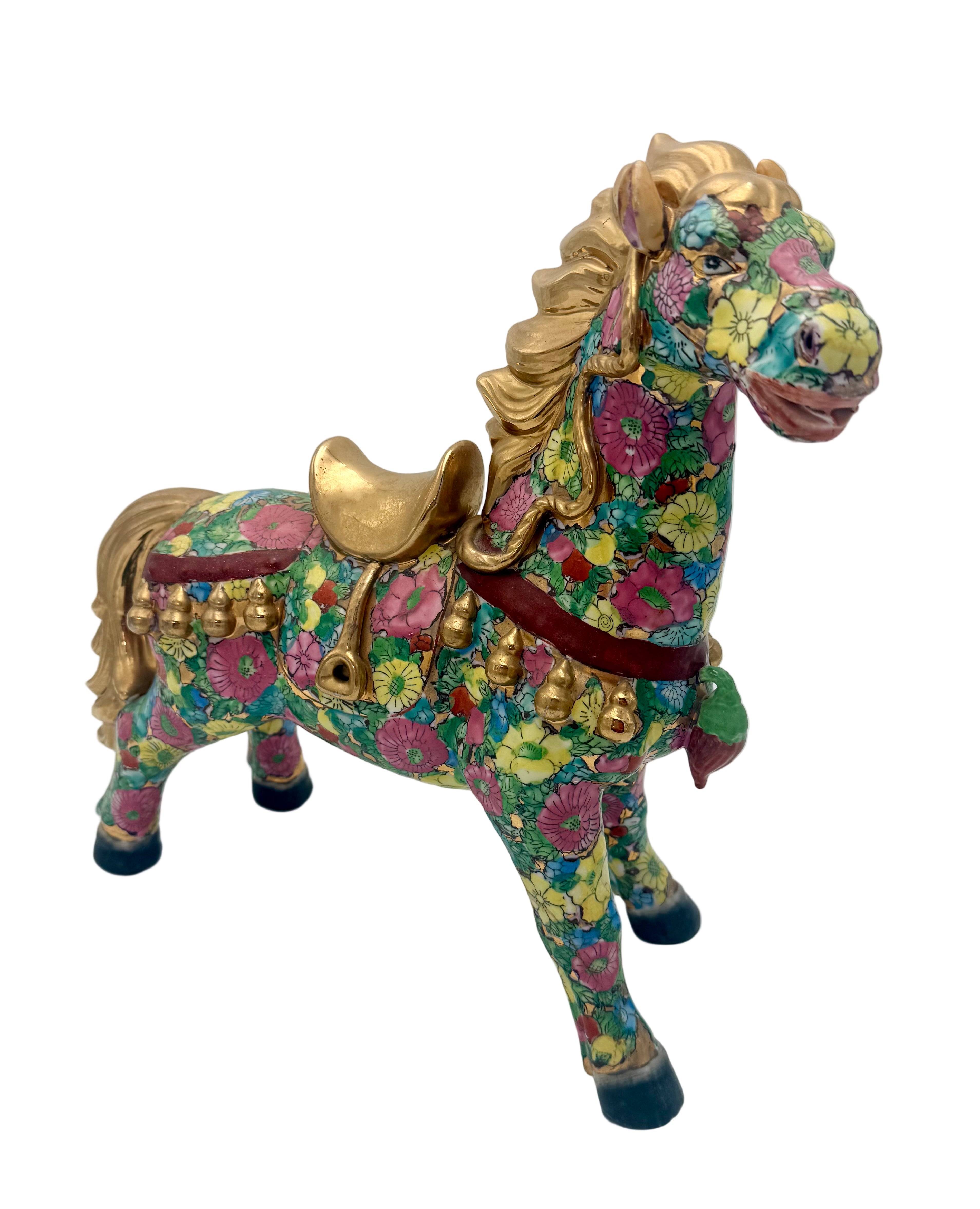 HAND-PAINTED FLORAL FAMILLE ROSE HORSE WITH GILT ACCENTS – 15” STATEMENT FIGURINE