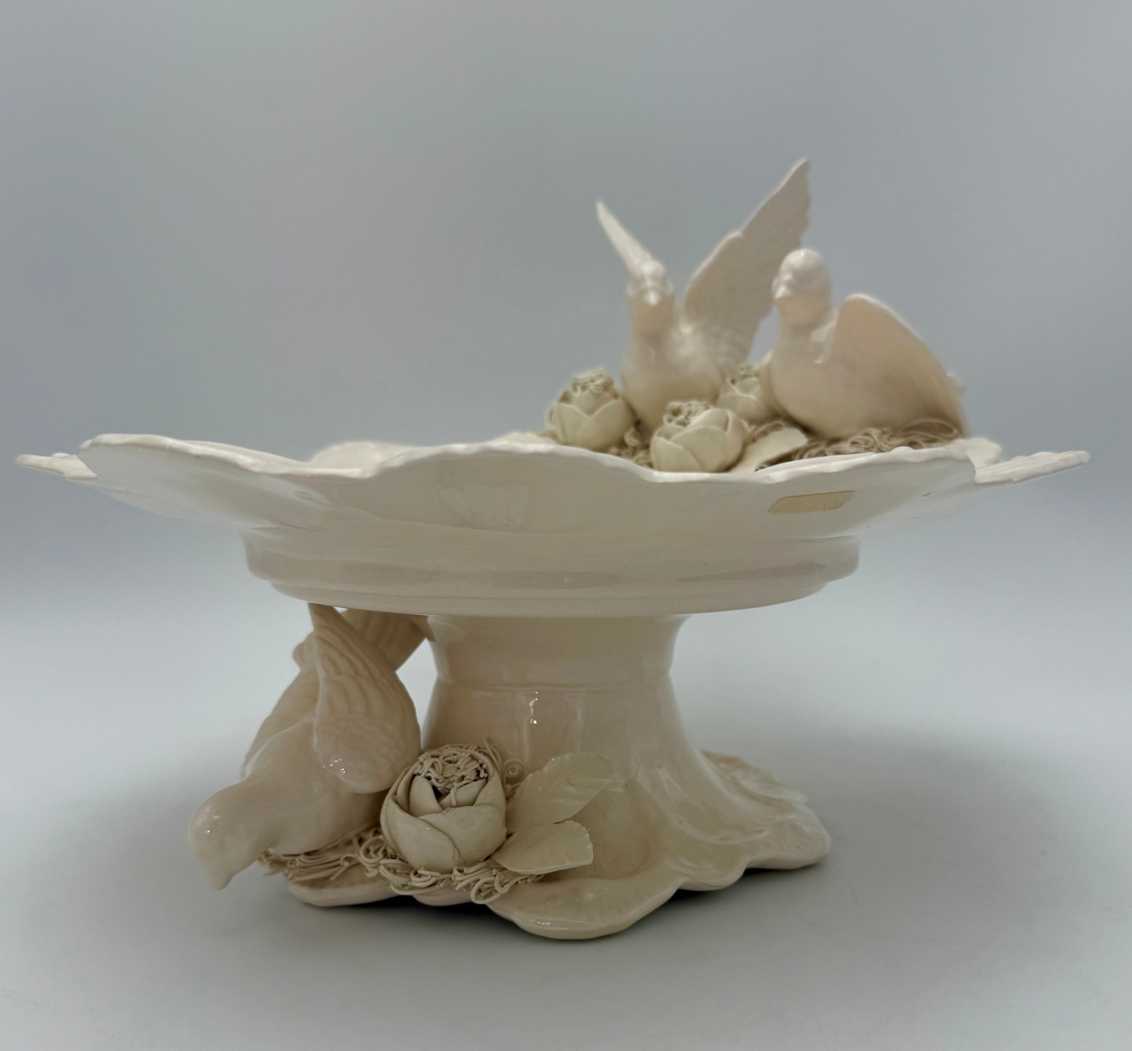VINTAGE CAPODIMONTE STYLE PEDESTAL CENTERPIECE WITH THREE DOVES AND FLORAL SPAGHETTI PORCELAIN DETAILING