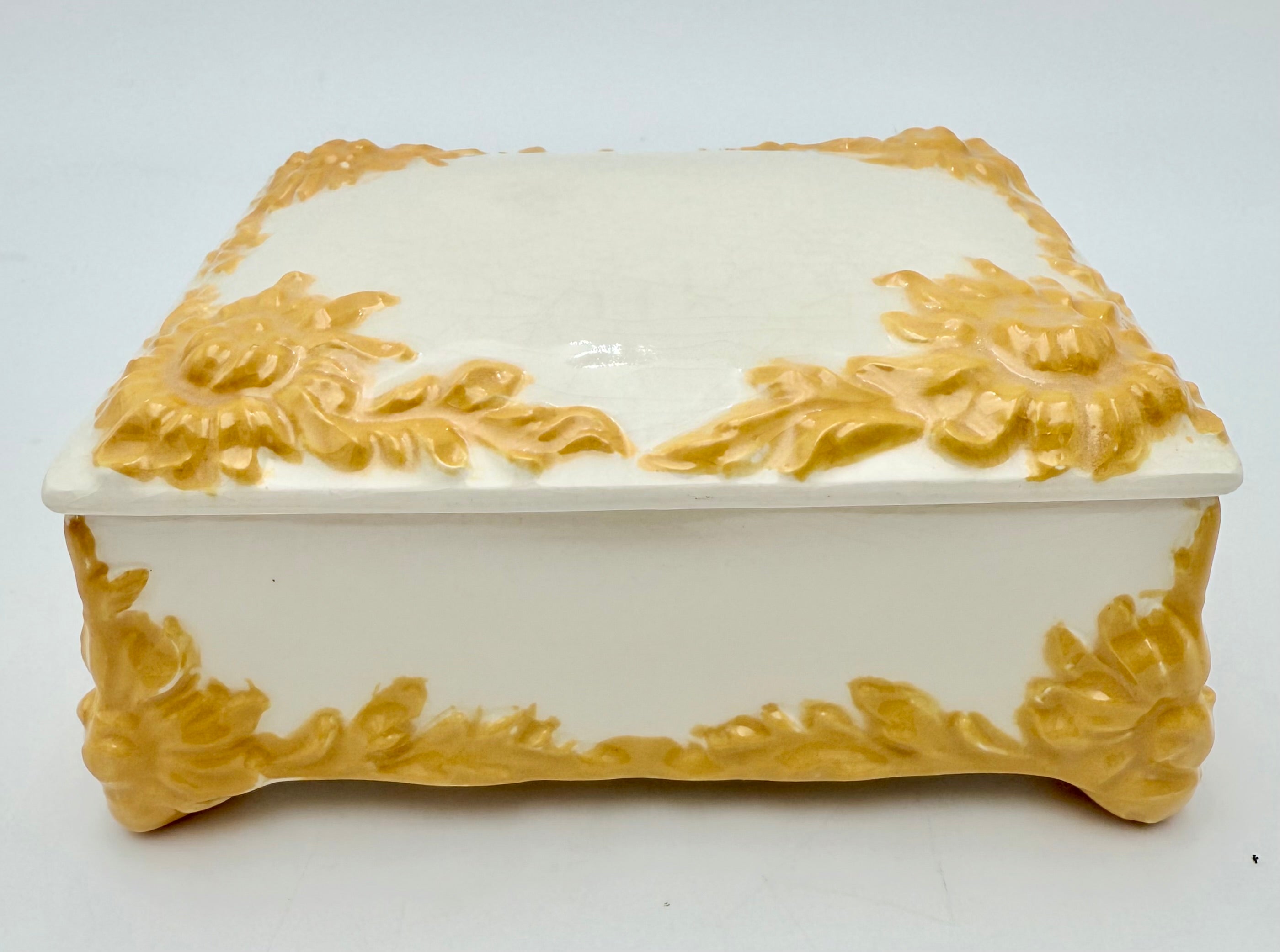 VINTAGE ITALIAN-STYLE CERAMIC SUNFLOWER JEWELRY BOX WITH RAISED RELIEF & CRACKLE GLAZE