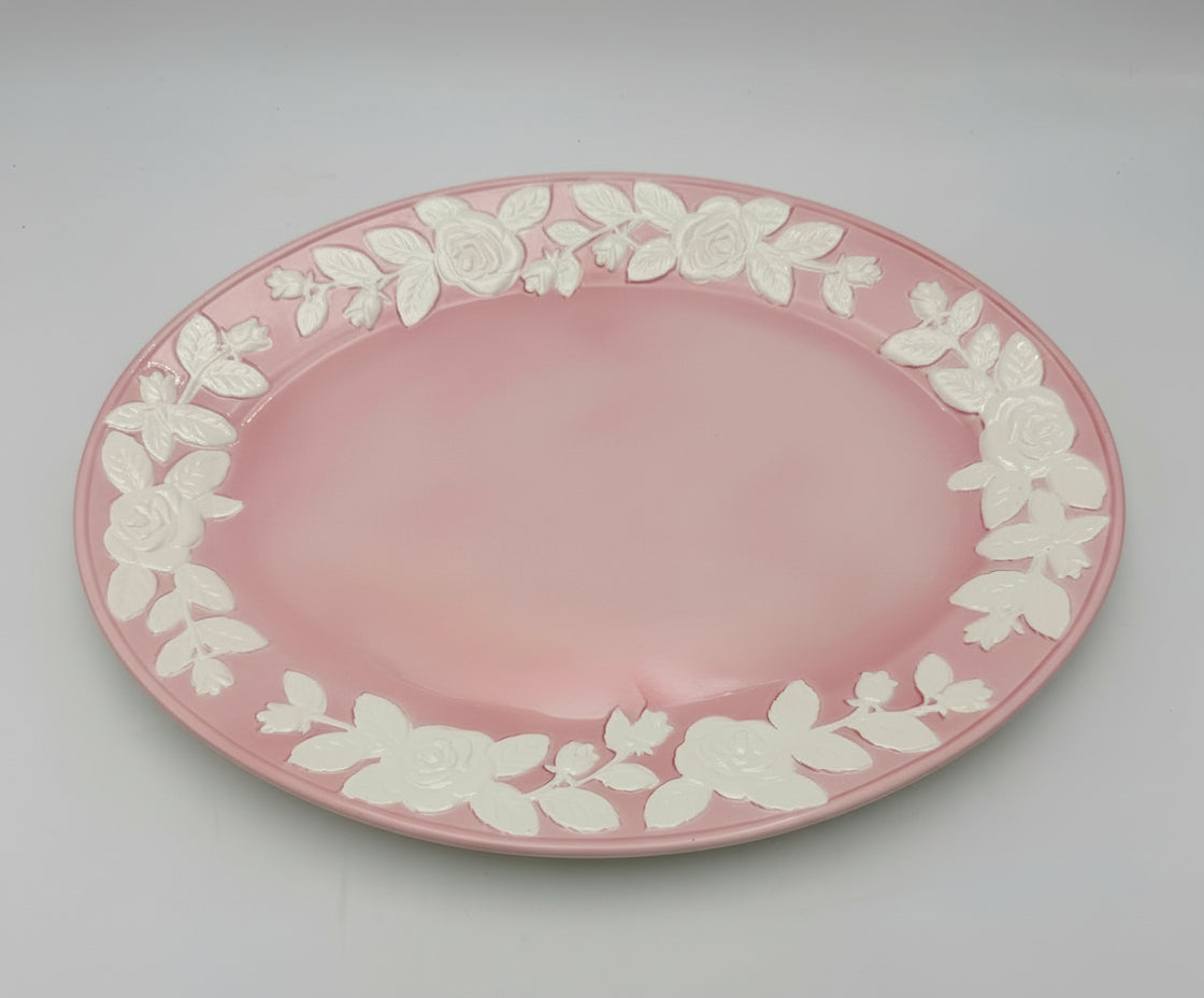 LORD & TAYLOR JAPAN PINK FLORAL RELIEF PLATTER – LARGE 17.75” SERVING TRAY – MID CENTURY JAPANESE CERAMIC – RAISED WHITE ROSES – 1950S DECOR