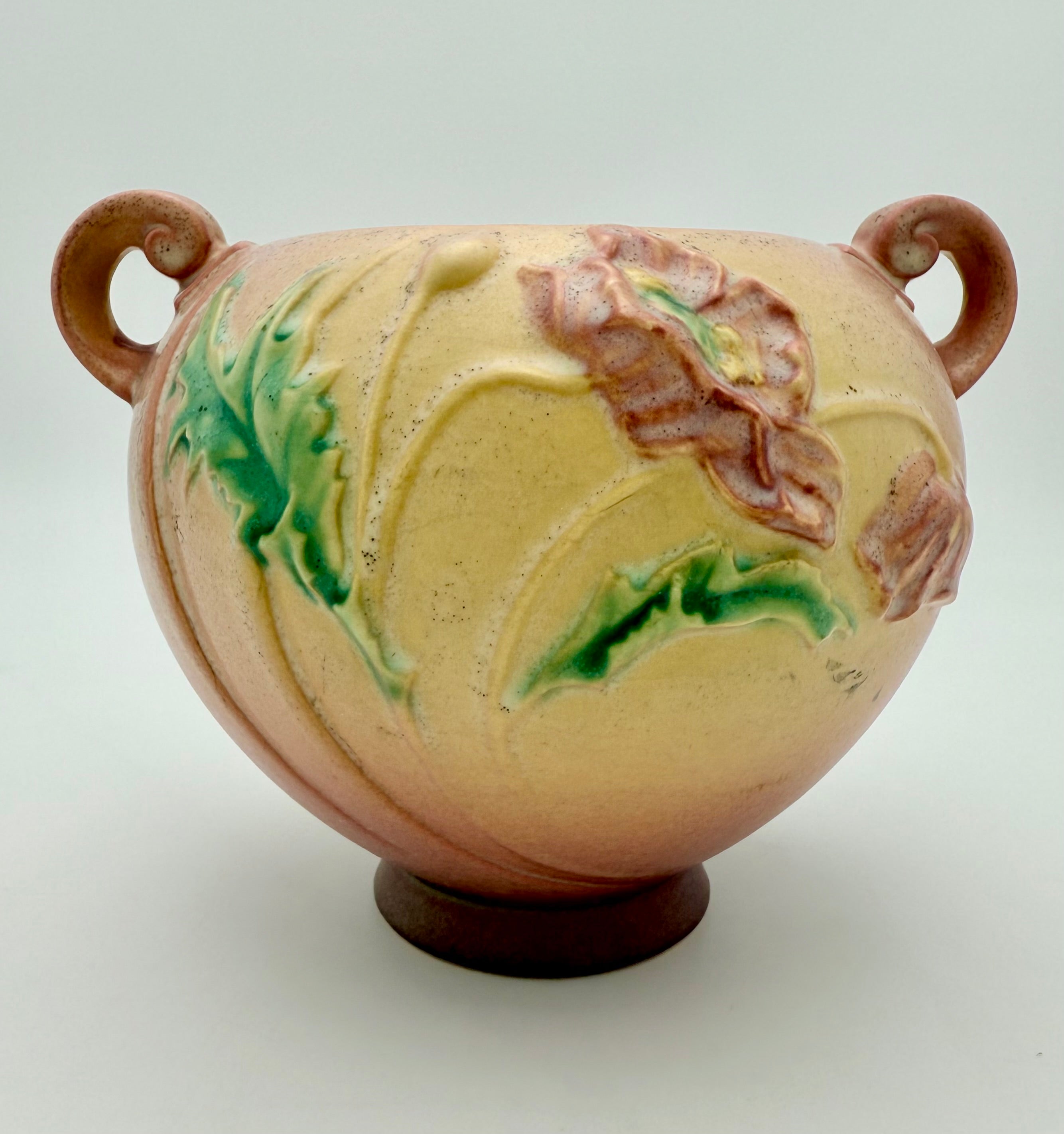 ROSEVILLE POTTERY POPPY 335-6 ART POTTERY BOWL • 1930s TWO-HANDLED SCULPTED FLORAL JARDINIERE