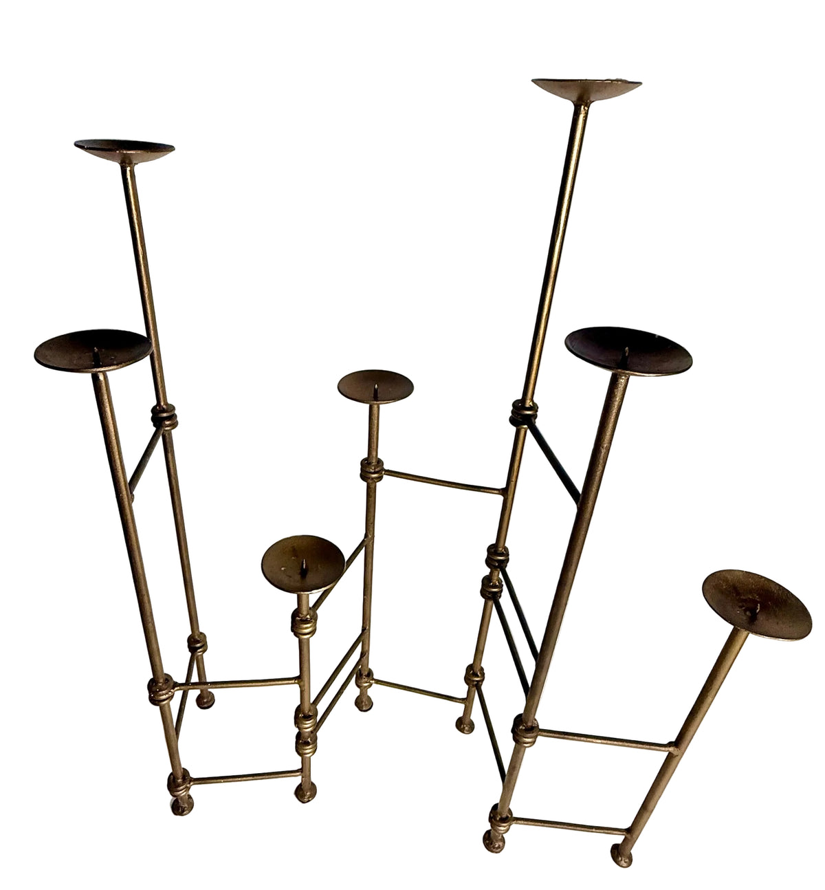 1970S MODERNIST BRASS SCULPTURAL CANDELABRA – ARCHITECTURAL LADDER DESIGN VOTIVE OR PILLAR CANDLE HOLDER CENTERPIECE, HOLLYWOOD REGENCY DECOR