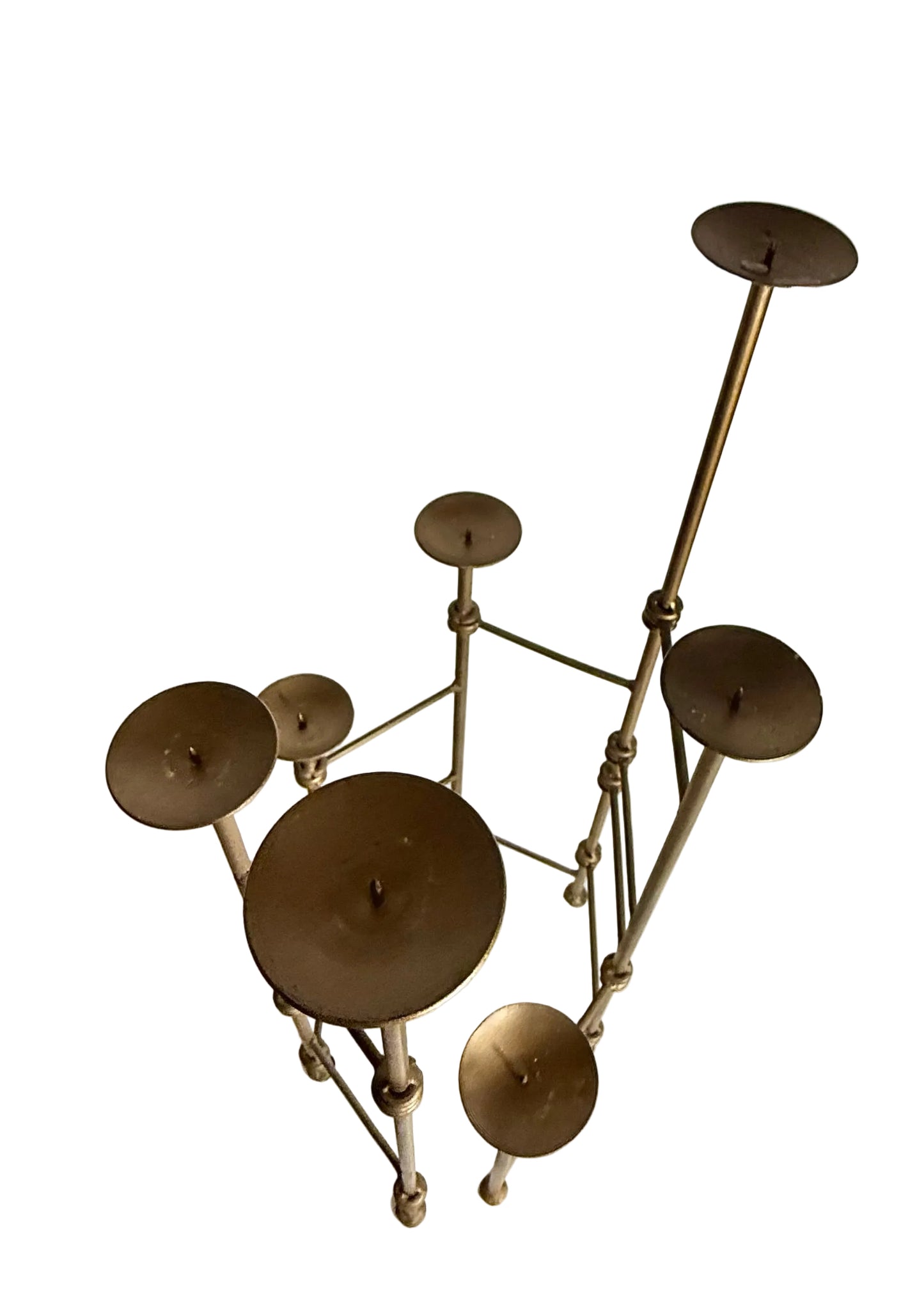 1970S MODERNIST BRASS SCULPTURAL CANDELABRA – ARCHITECTURAL LADDER DESIGN VOTIVE OR PILLAR CANDLE HOLDER CENTERPIECE, HOLLYWOOD REGENCY DECOR