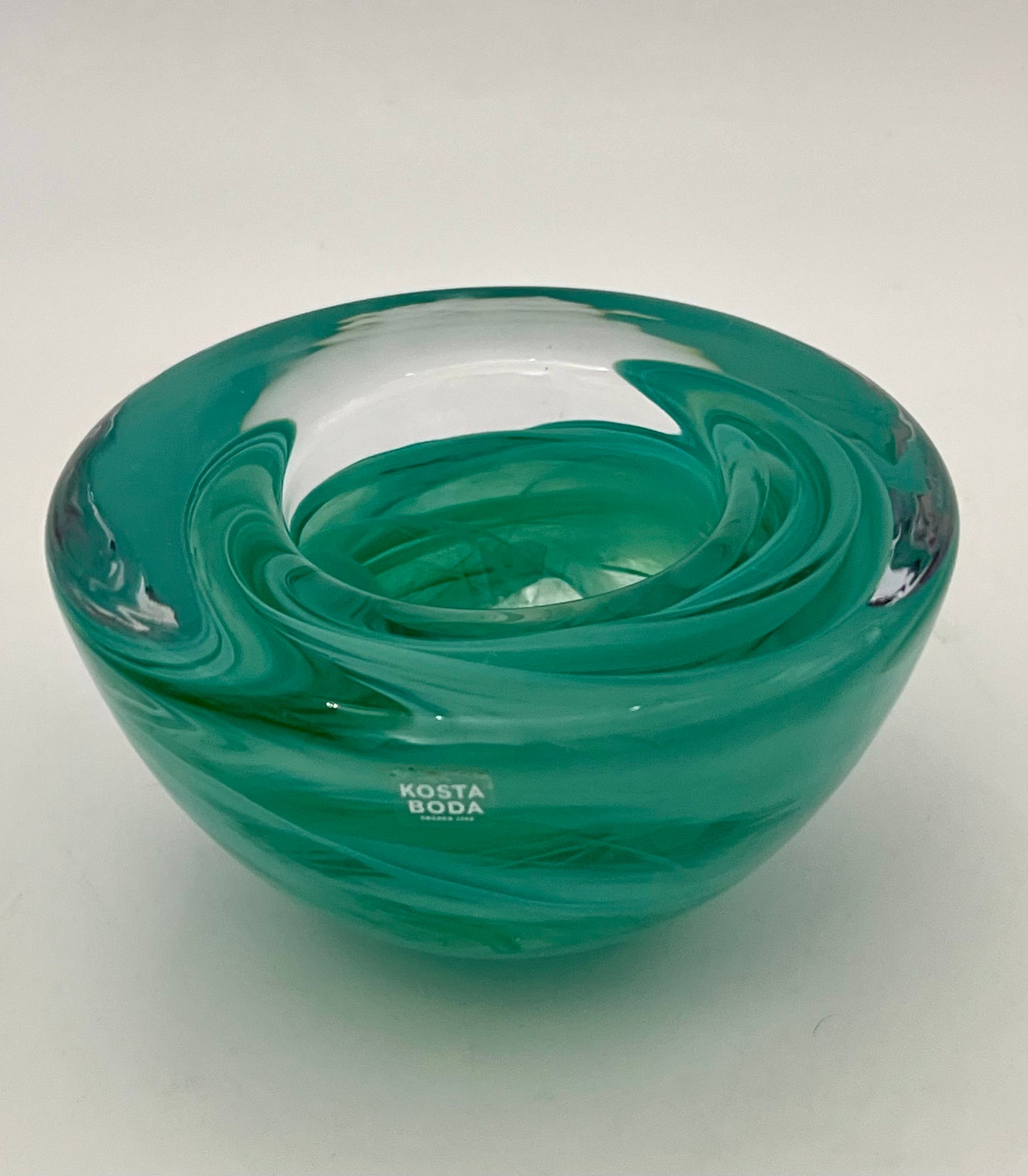 VINTAGE TEAL KOSTA BODA TEA LIGHT MOUTH BLOWN GLASS CANDLE HOLDER