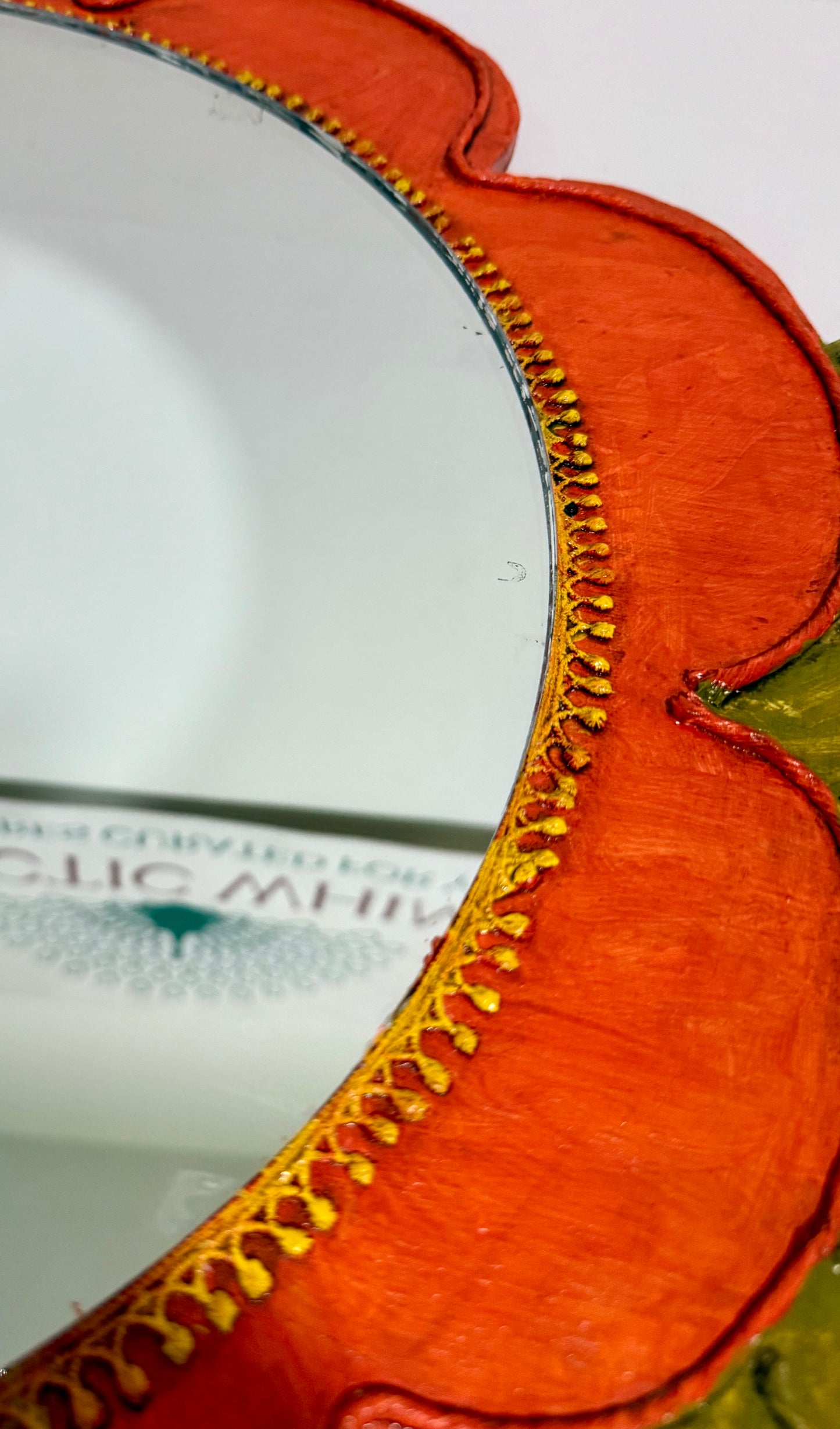 VINTAGE ORANGE AND GREEN FLOWER SHAPED HANGING MIRROR, 1970s