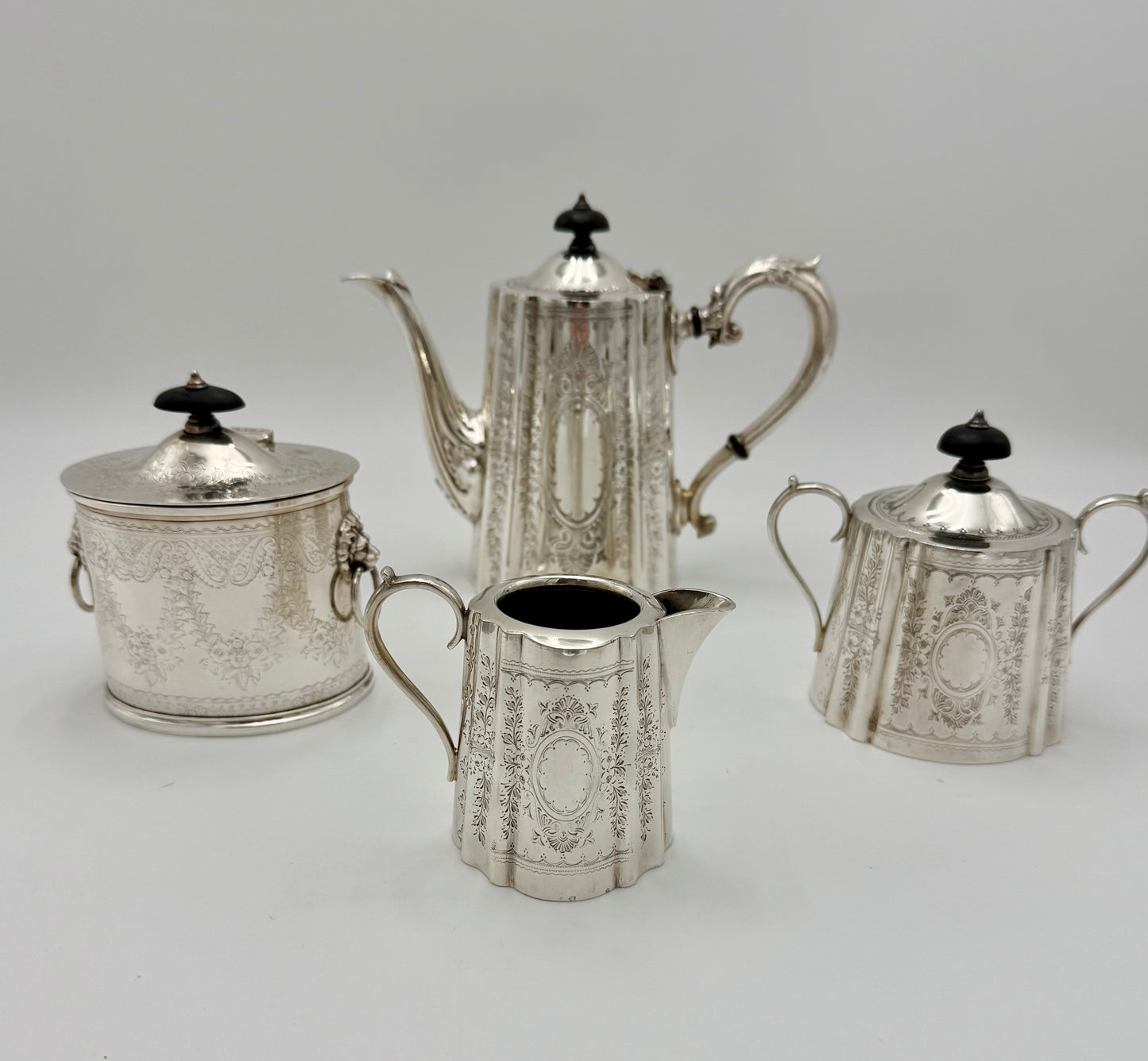 ANTIQUE ART NOUVEAU BARKER ELLIS TEAPOT, CREAMER, SUGER, COOKIE SET, ENGLAND EARLY 1900s