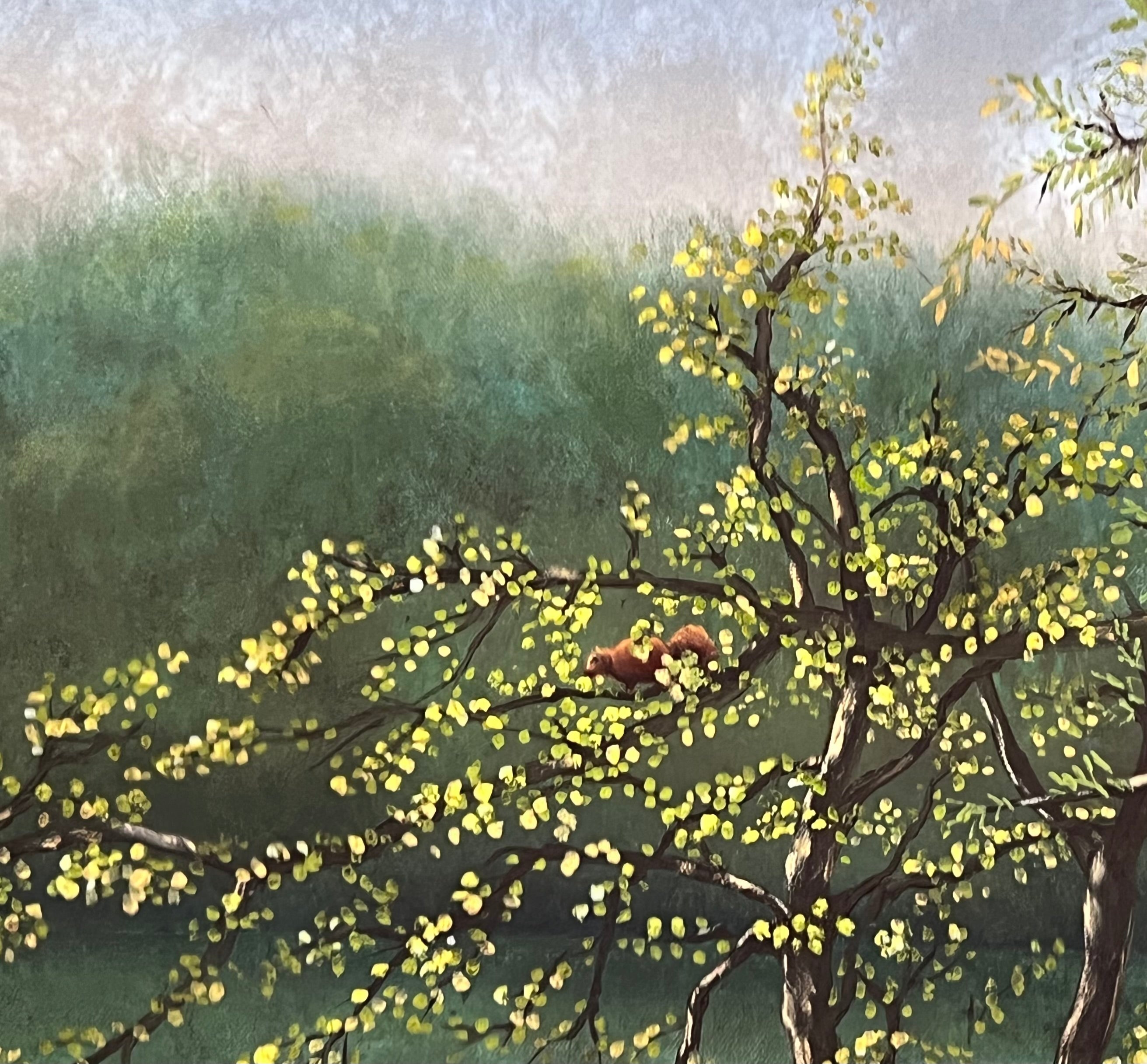 ORIGINAL ACRYLIC PAINTING BY B.B. HAYS – WOODLAND SQUIRREL IN SPRING TREE – VINTAGE 1990S NATURE LANDSCAPE ART IN CARVED WOOD FRAME