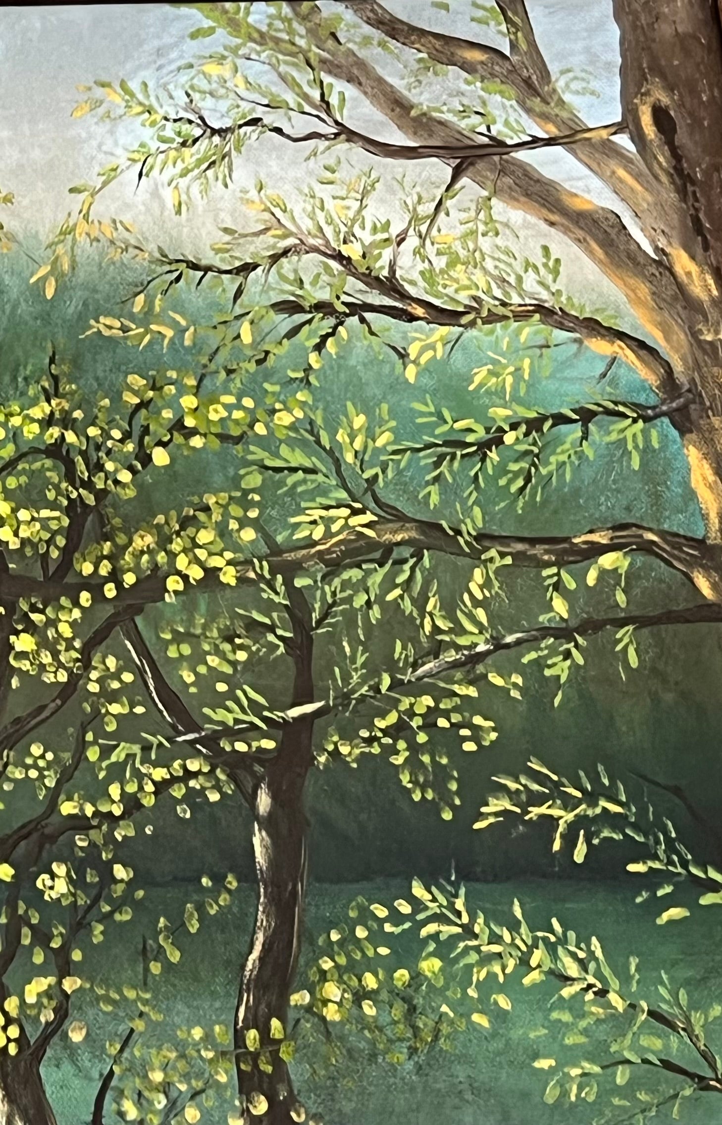 ORIGINAL ACRYLIC PAINTING BY B.B. HAYS – WOODLAND SQUIRREL IN SPRING TREE – VINTAGE 1990S NATURE LANDSCAPE ART IN CARVED WOOD FRAME