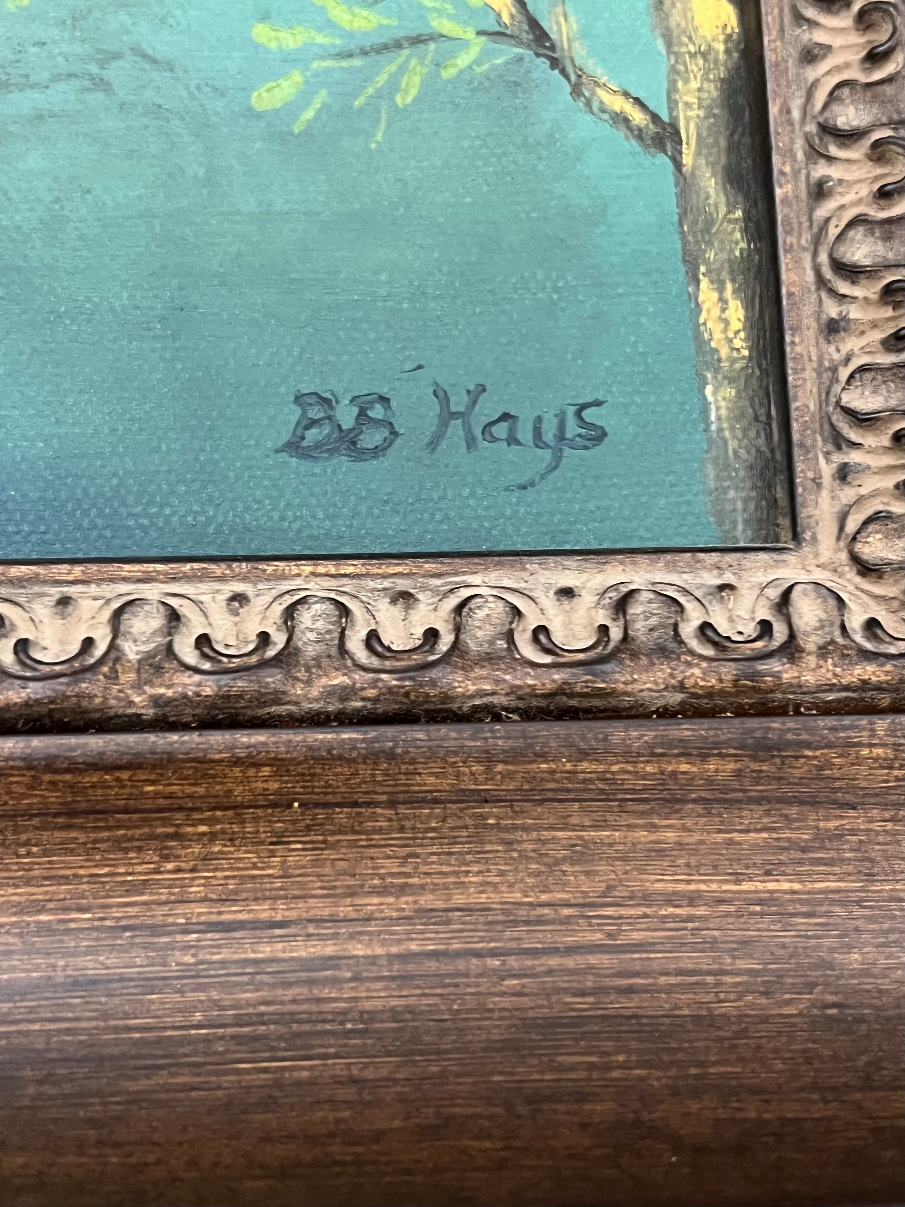 ORIGINAL ACRYLIC PAINTING BY B.B. HAYS – WOODLAND SQUIRREL IN SPRING TREE – VINTAGE 1990S NATURE LANDSCAPE ART IN CARVED WOOD FRAME
