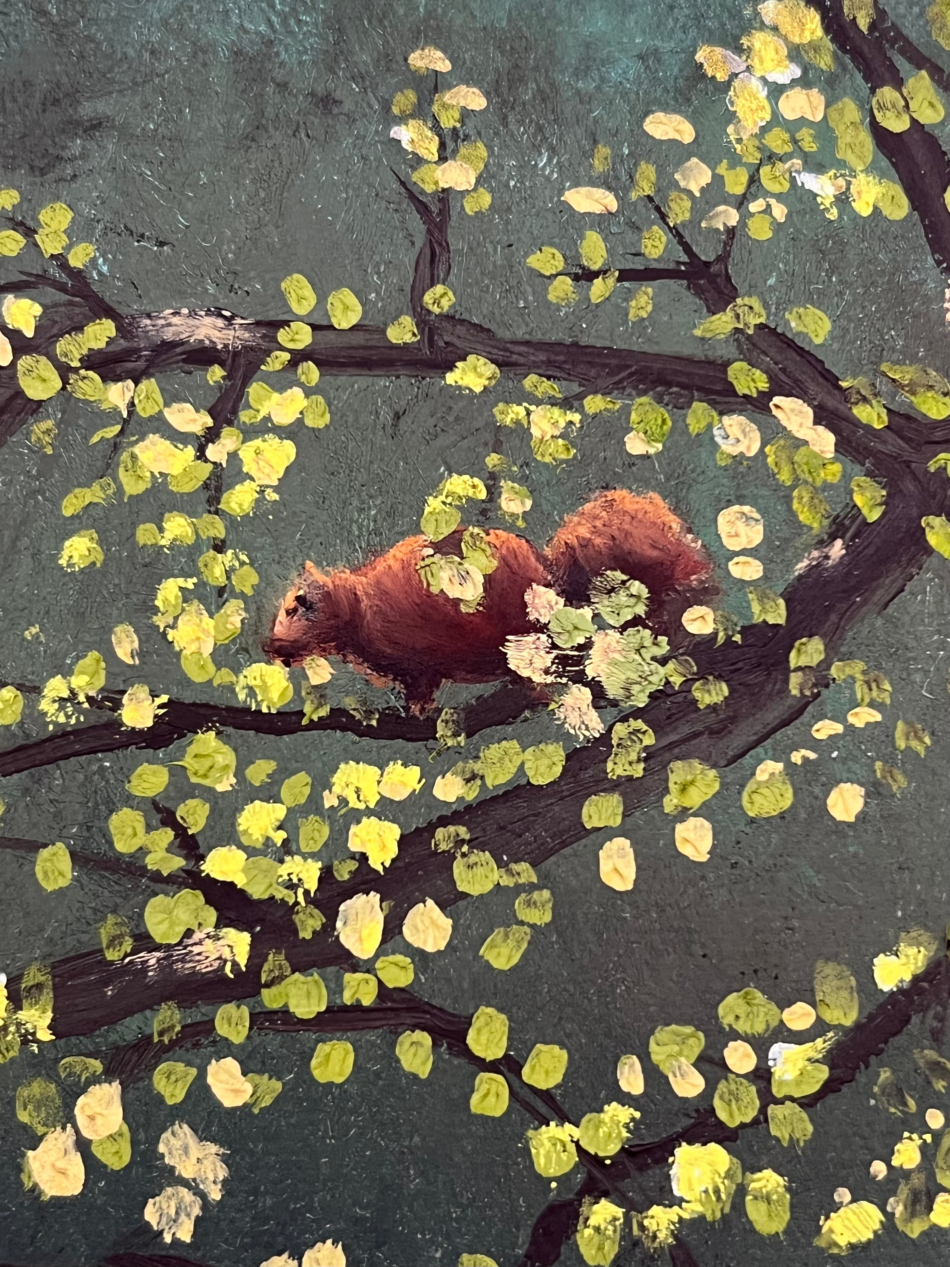 ORIGINAL ACRYLIC PAINTING BY B.B. HAYS – WOODLAND SQUIRREL IN SPRING TREE – VINTAGE 1990S NATURE LANDSCAPE ART IN CARVED WOOD FRAME