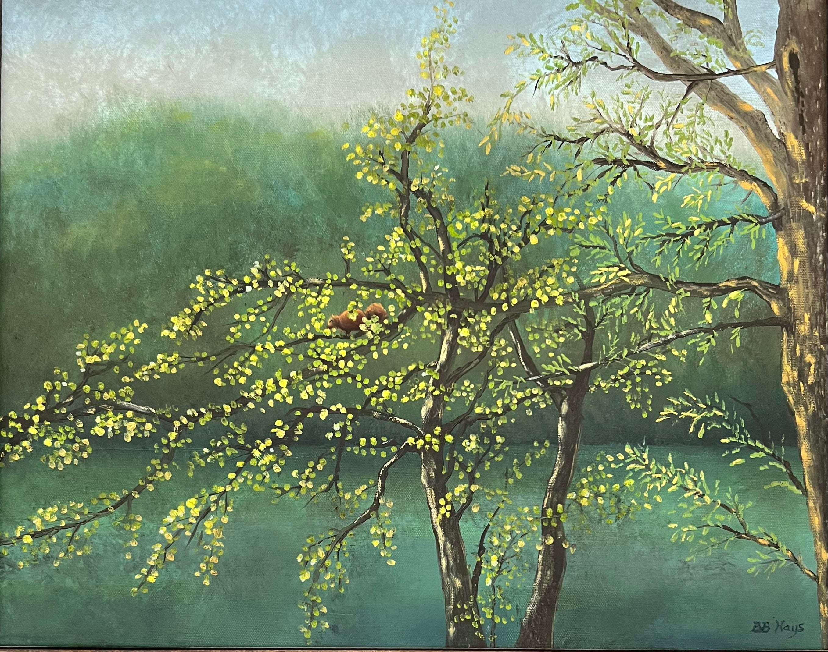 ORIGINAL ACRYLIC PAINTING BY B.B. HAYS – WOODLAND SQUIRREL IN SPRING TREE – VINTAGE 1990S NATURE LANDSCAPE ART IN CARVED WOOD FRAME