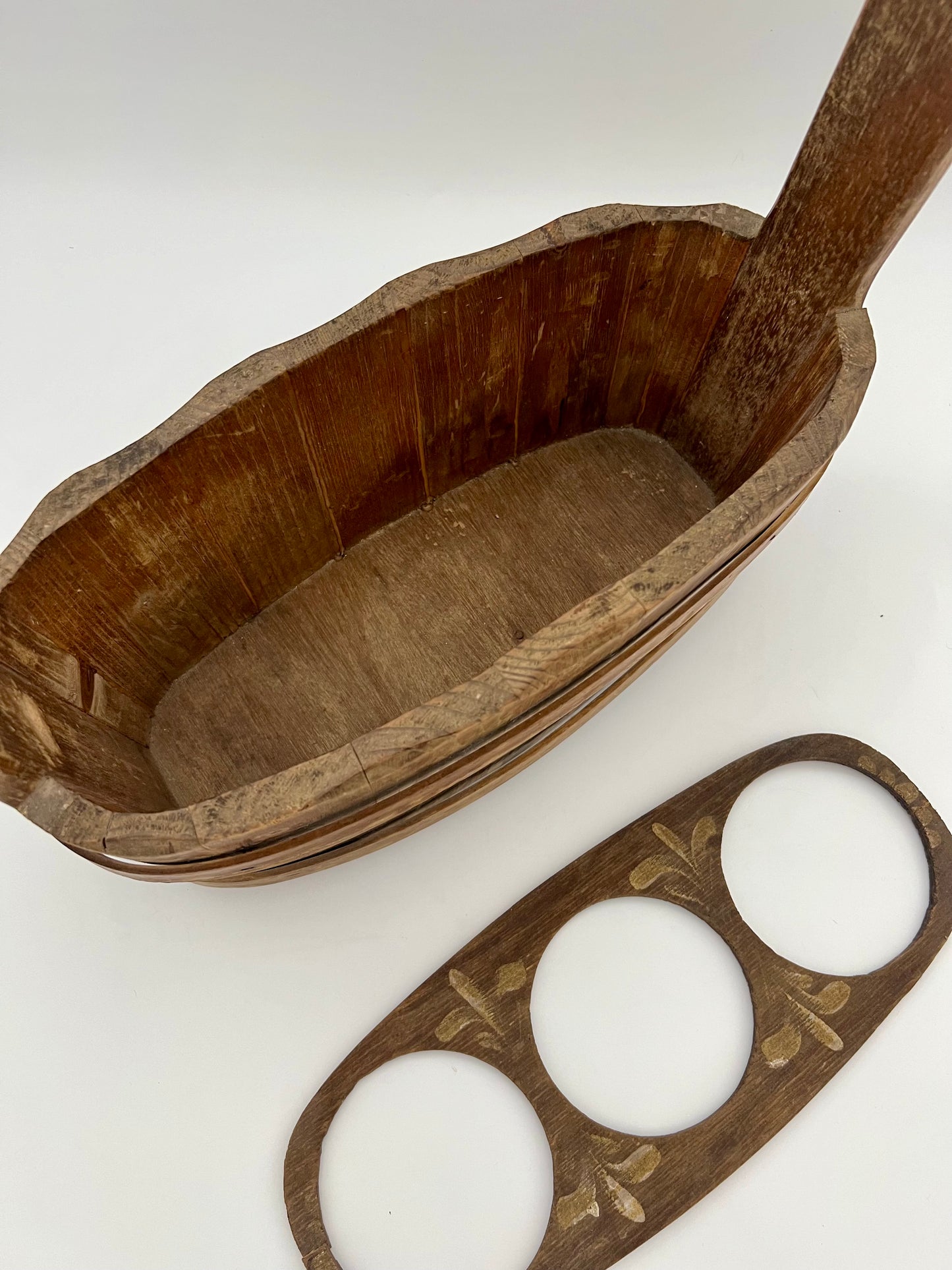 Vintage Hand-Painted Scandinavian Wooden Caddy and Wine Carrier (1950s–1960s)