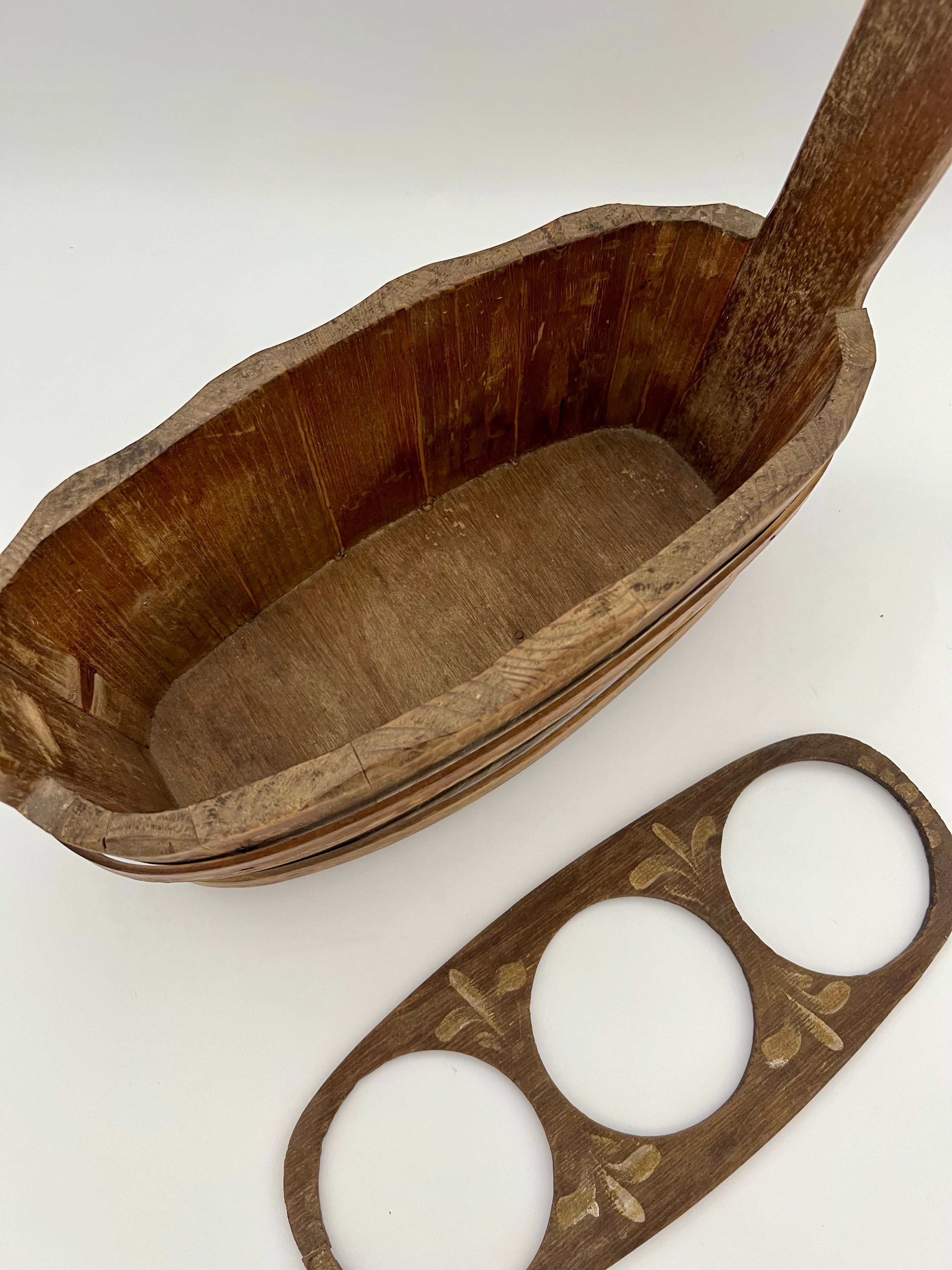 Vintage Hand-Painted Scandinavian Wooden Caddy and Wine Carrier (1950s–1960s)