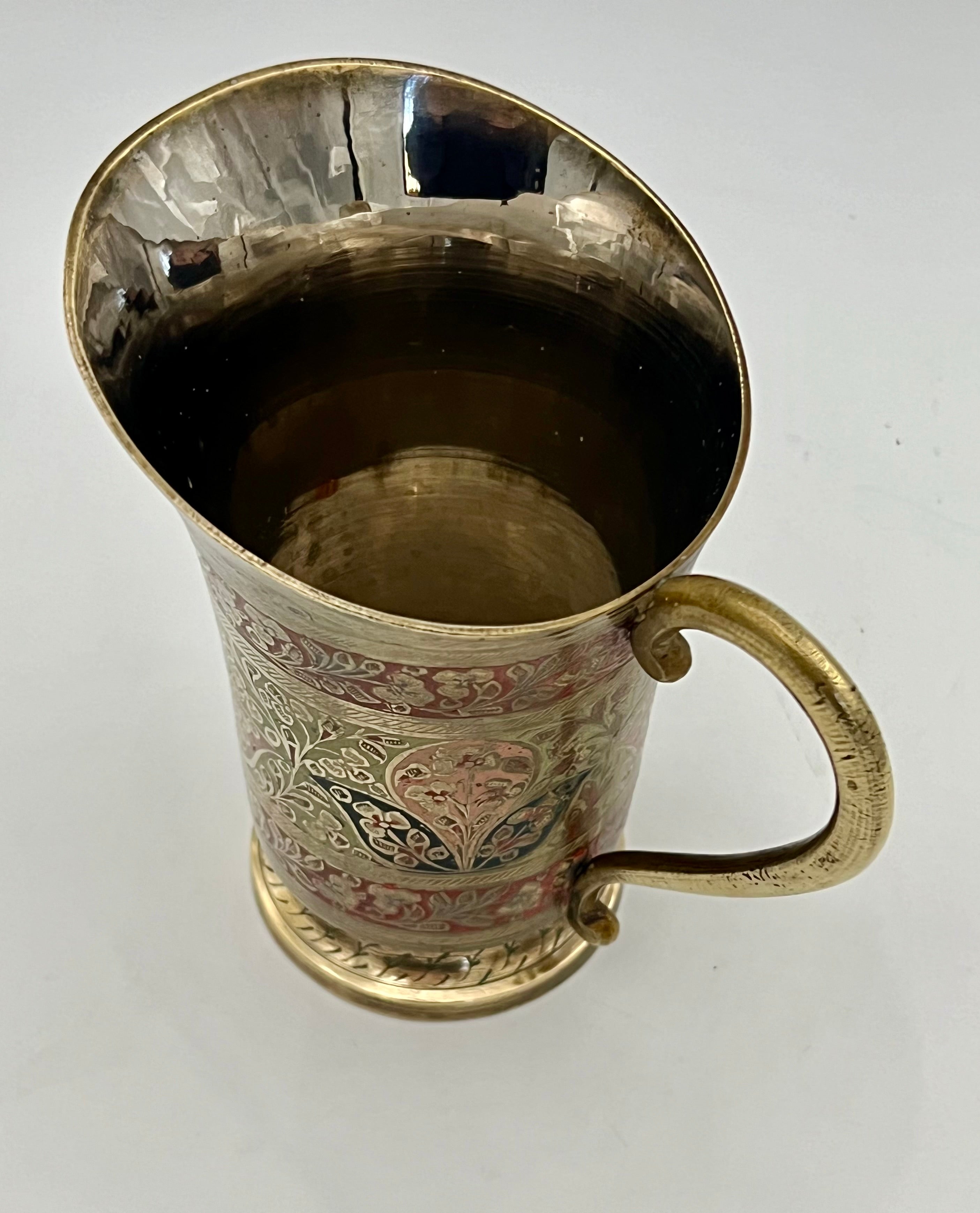ANTIQUE CIRCA 1900 INDIAN MEENAKARI ENAMELED BRASS PITCHER – HAND ENGRAVED FLORAL MOTIFS – 6″
