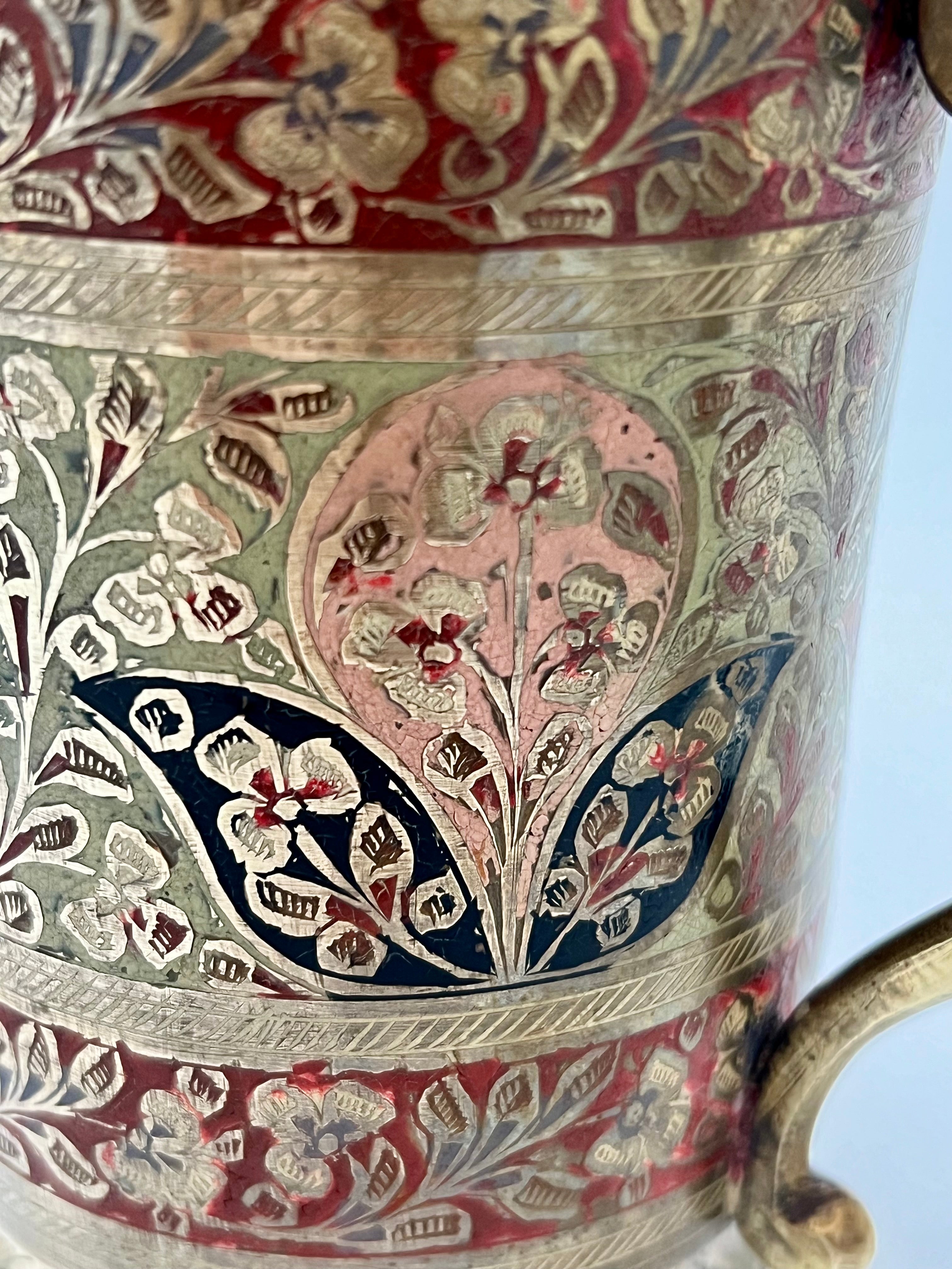 ANTIQUE CIRCA 1900 INDIAN MEENAKARI ENAMELED BRASS PITCHER – HAND ENGRAVED FLORAL MOTIFS – 6″