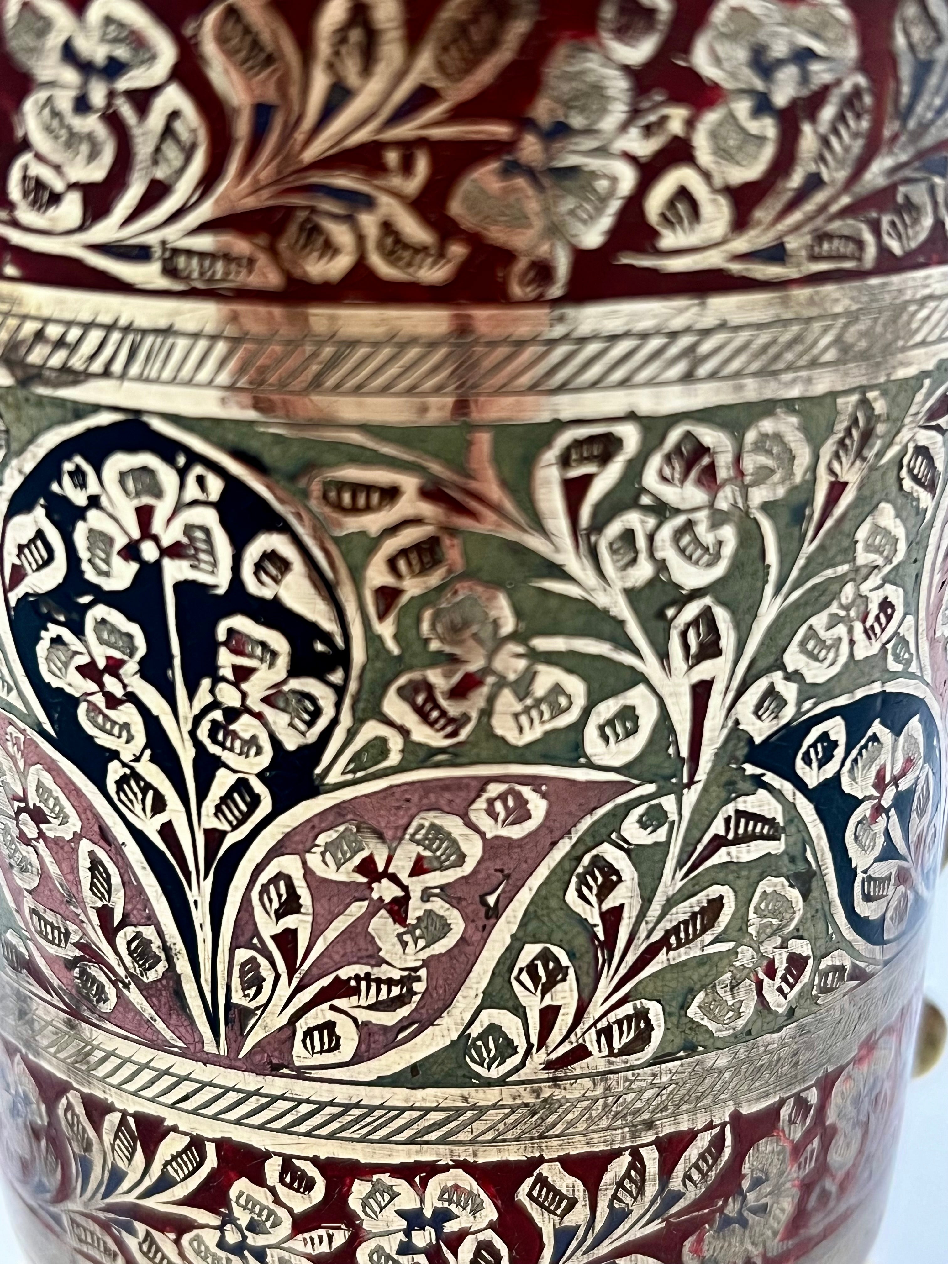 ANTIQUE CIRCA 1900 INDIAN MEENAKARI ENAMELED BRASS PITCHER – HAND ENGRAVED FLORAL MOTIFS – 6″