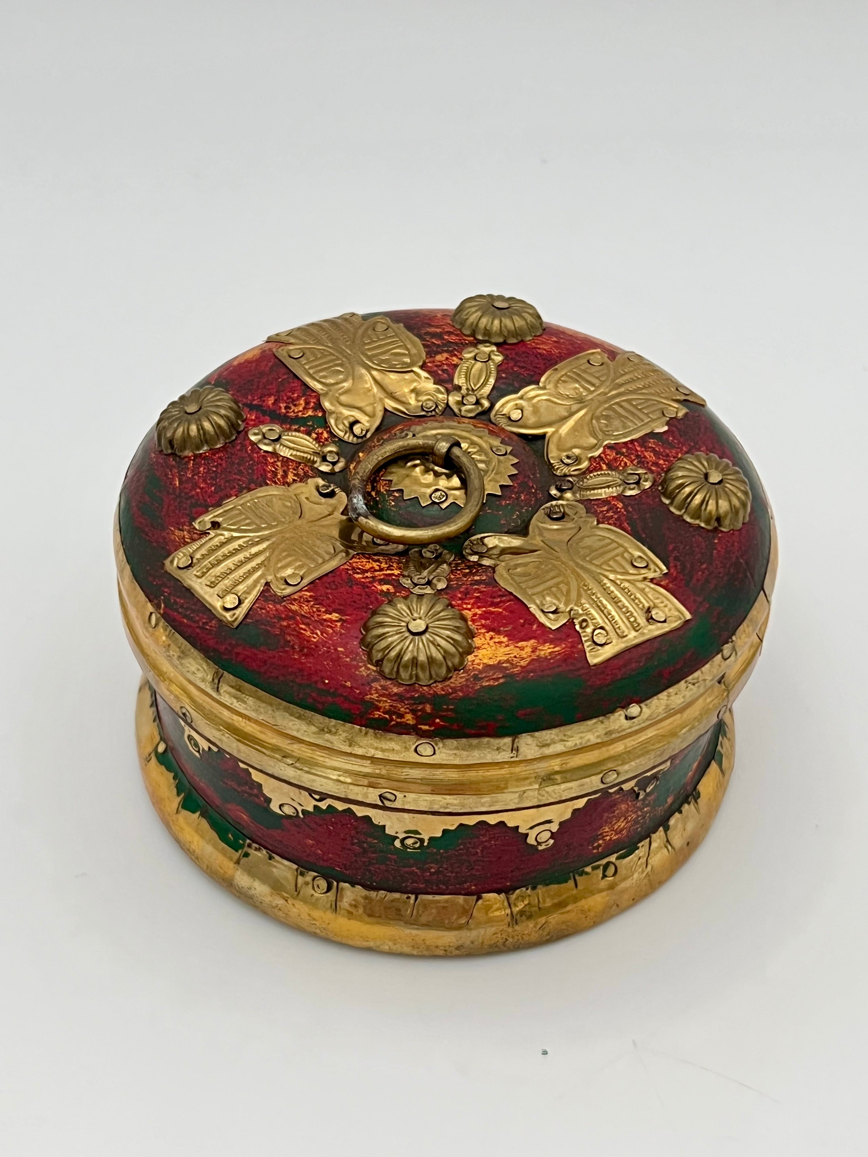 VINTAGE BRASS BUTTERFLY JEWELRY BOX WITH RED SATIN LINING – HANDCRAFTED LACQUERED WOOD TREASURE BOX