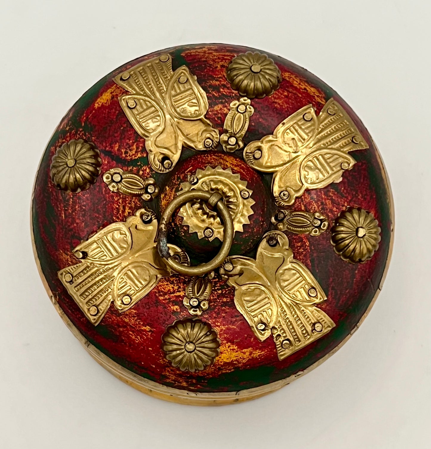 VINTAGE ORNATE BUTTERFLY GILDED WOOD RED AND GOLD TRINKET BOX