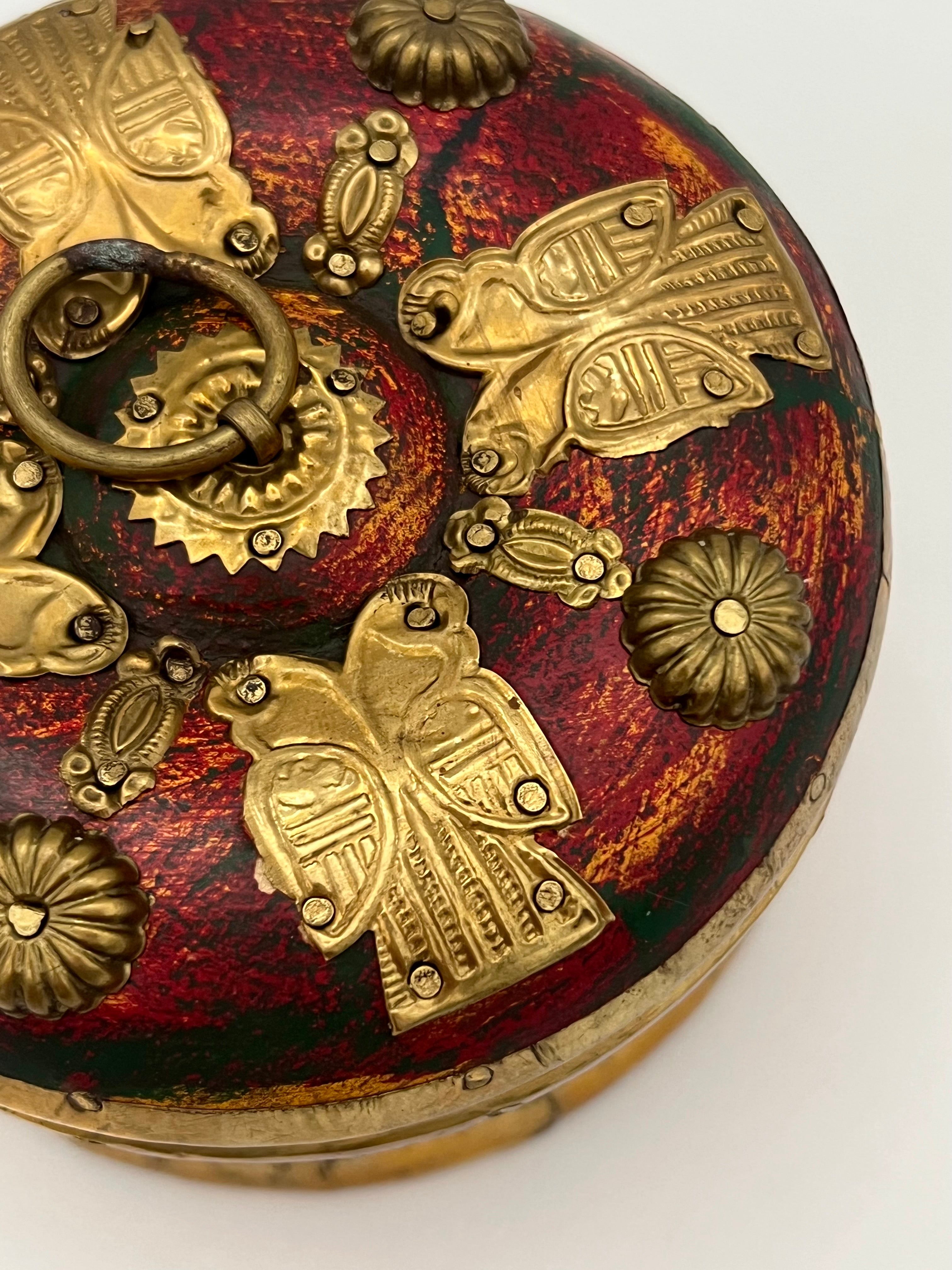 VINTAGE BRASS BUTTERFLY JEWELRY BOX WITH RED SATIN LINING – HANDCRAFTED LACQUERED WOOD TREASURE BOX