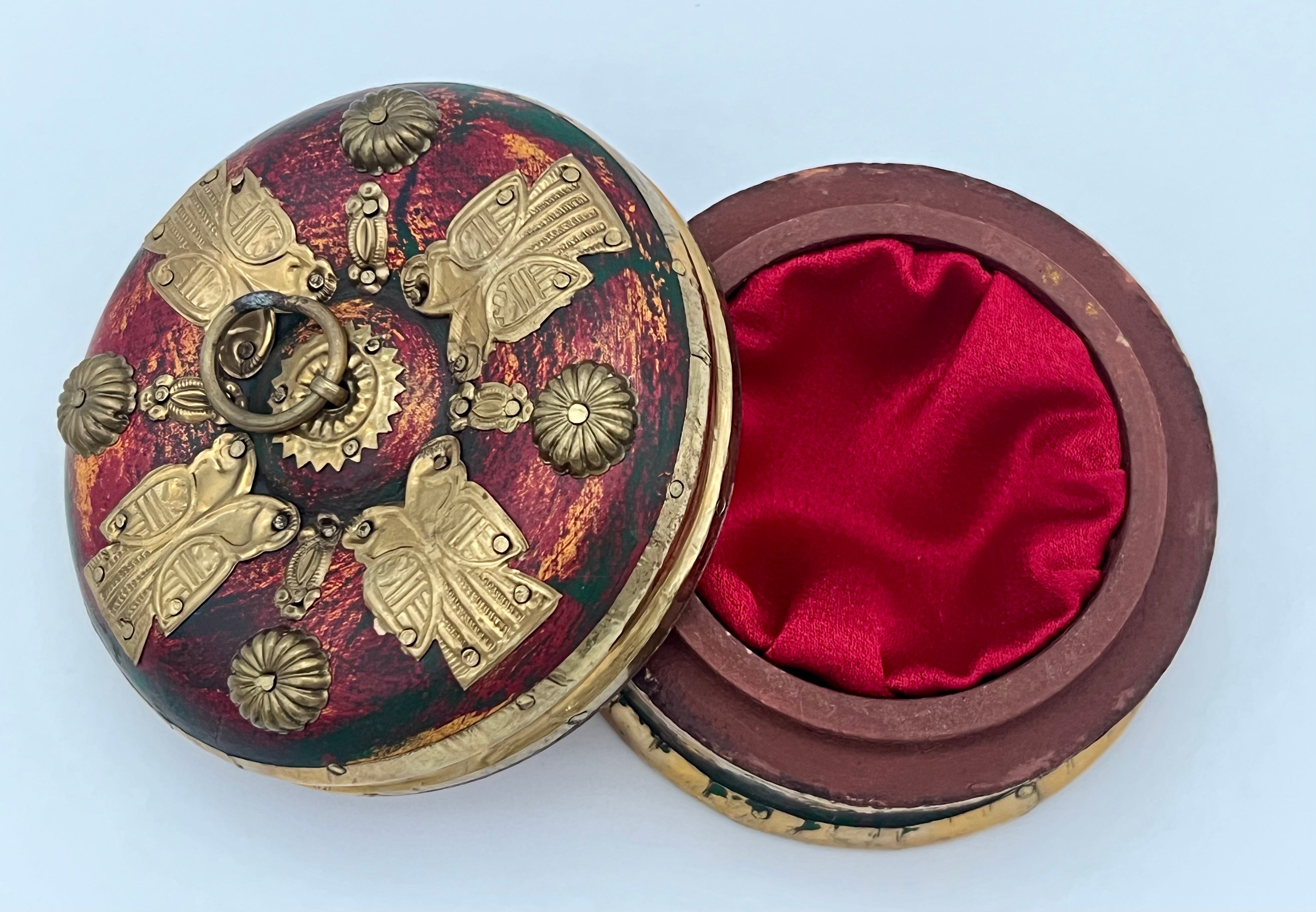 VINTAGE BRASS BUTTERFLY JEWELRY BOX WITH RED SATIN LINING – HANDCRAFTED LACQUERED WOOD TREASURE BOX